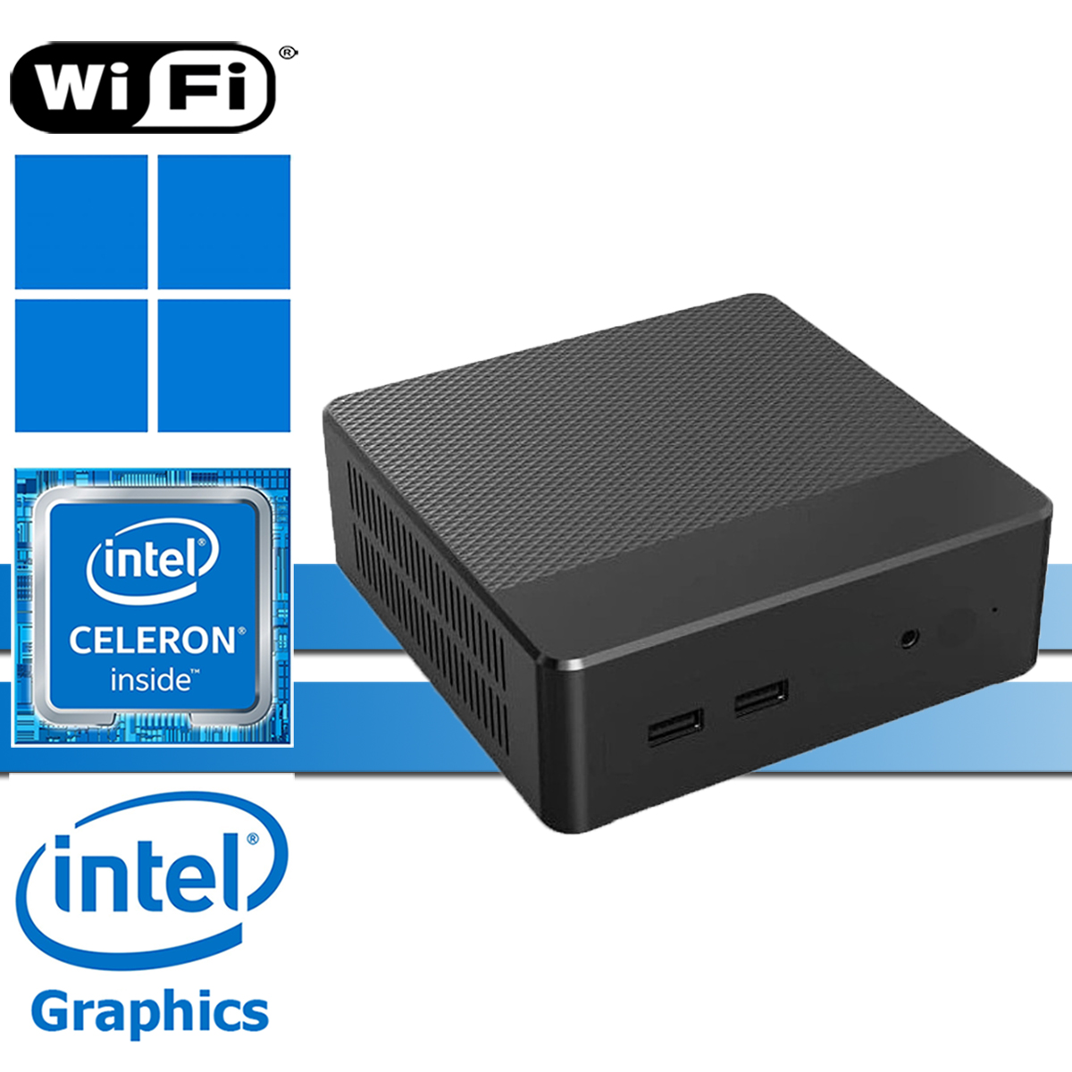 Schwarzer Mini-PC mit Wi-Fi, Windows-Logo und Intel Celeron & Graphics-Logos.