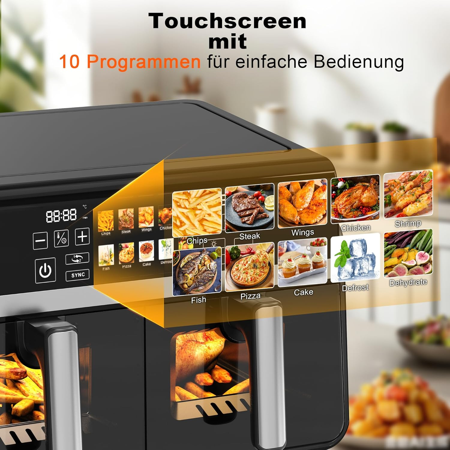 Touchscreen-Luftfritteuse mit 10 Kochprogrammen und Bildauswahl.