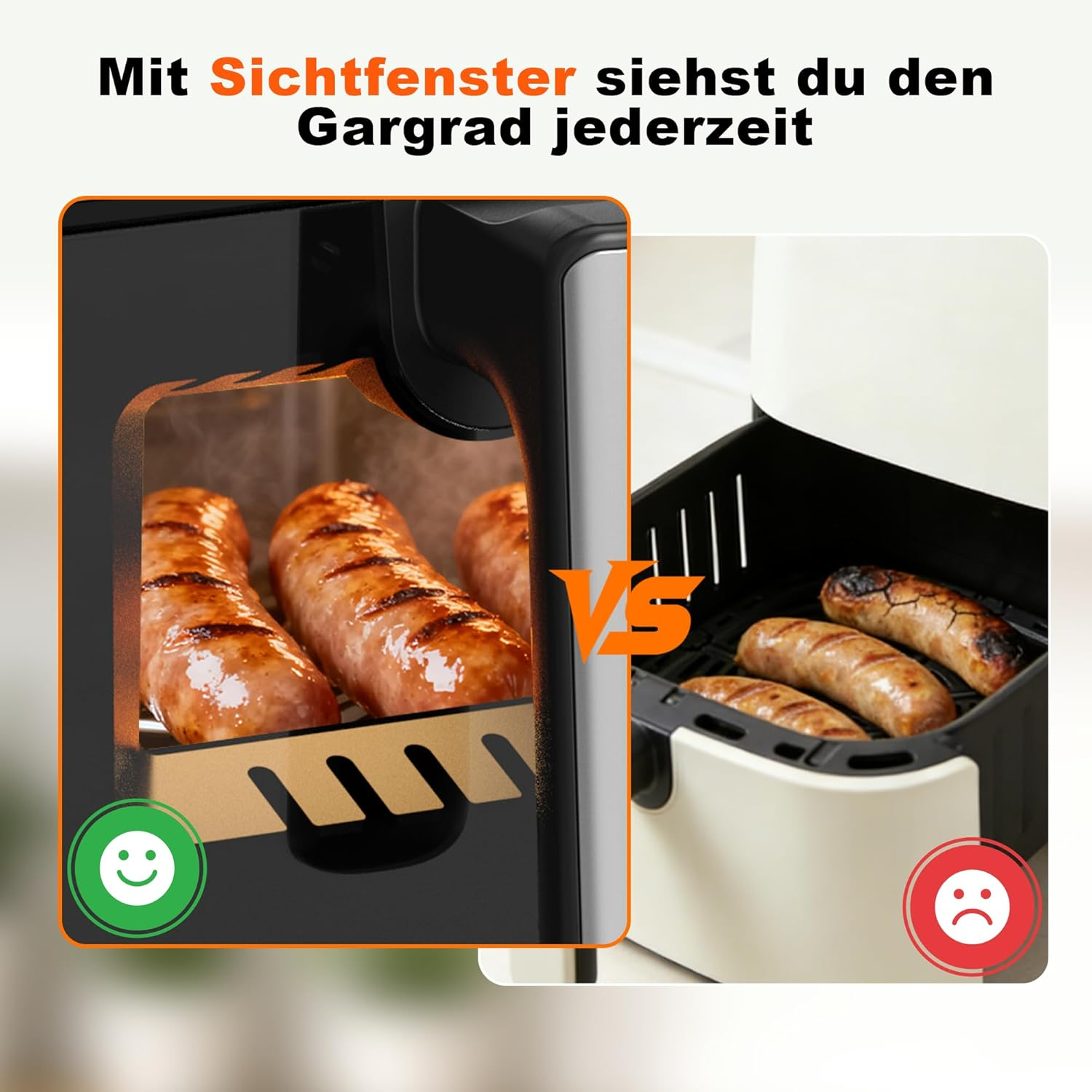 Wurst in einem Airfryer mit Sichtfenster und ohne. Ein Smiley und ein trauriger Smiley.