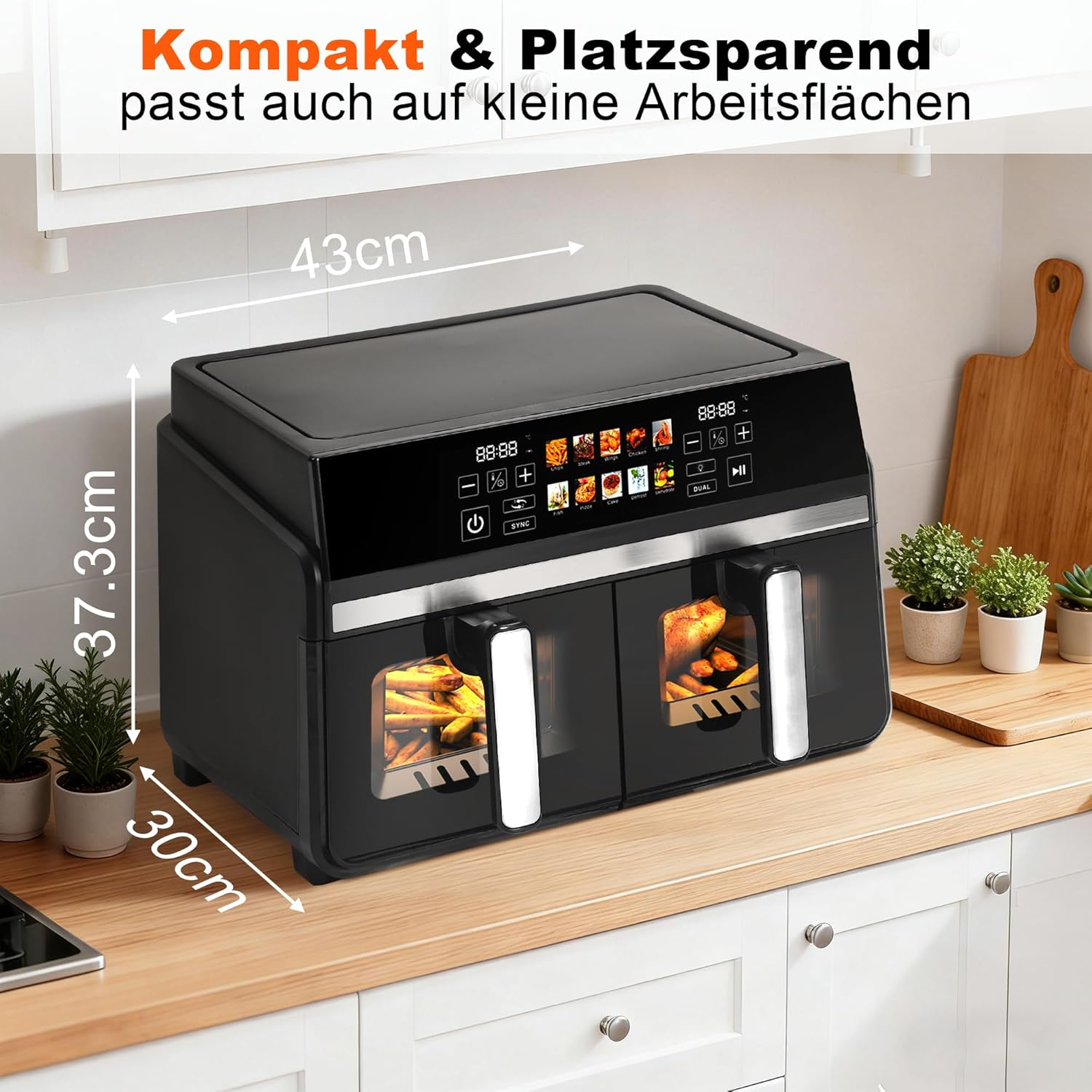 Schwarzer Doppelkammer-Heißluftfritteuse mit digitalen Bedienelementen und Kochprogrammen.