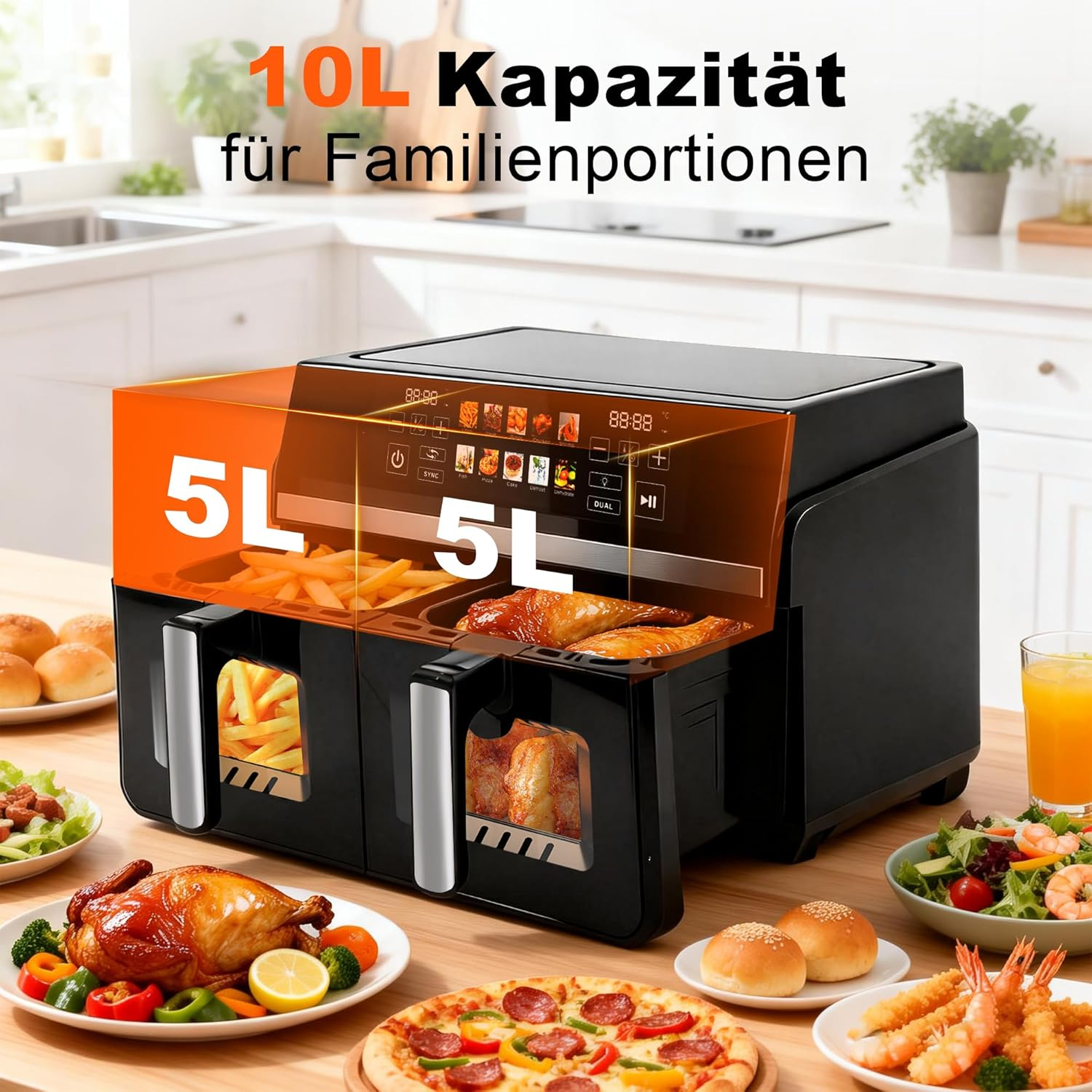 Doppel-Heißluftfritteuse mit 10L Kapazität, gefüllt mit Pommes, Hähnchen und mehr.