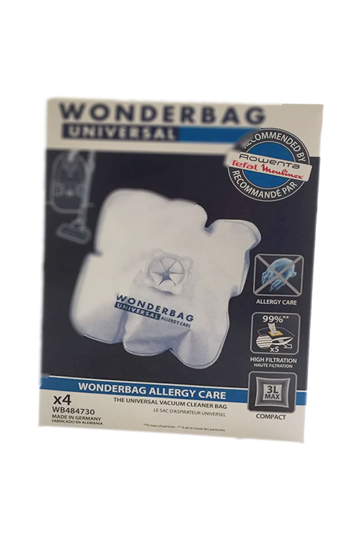 4 adet WONDERBAG Universal elektrikli süpürge torbası Allergy Care kutusu.