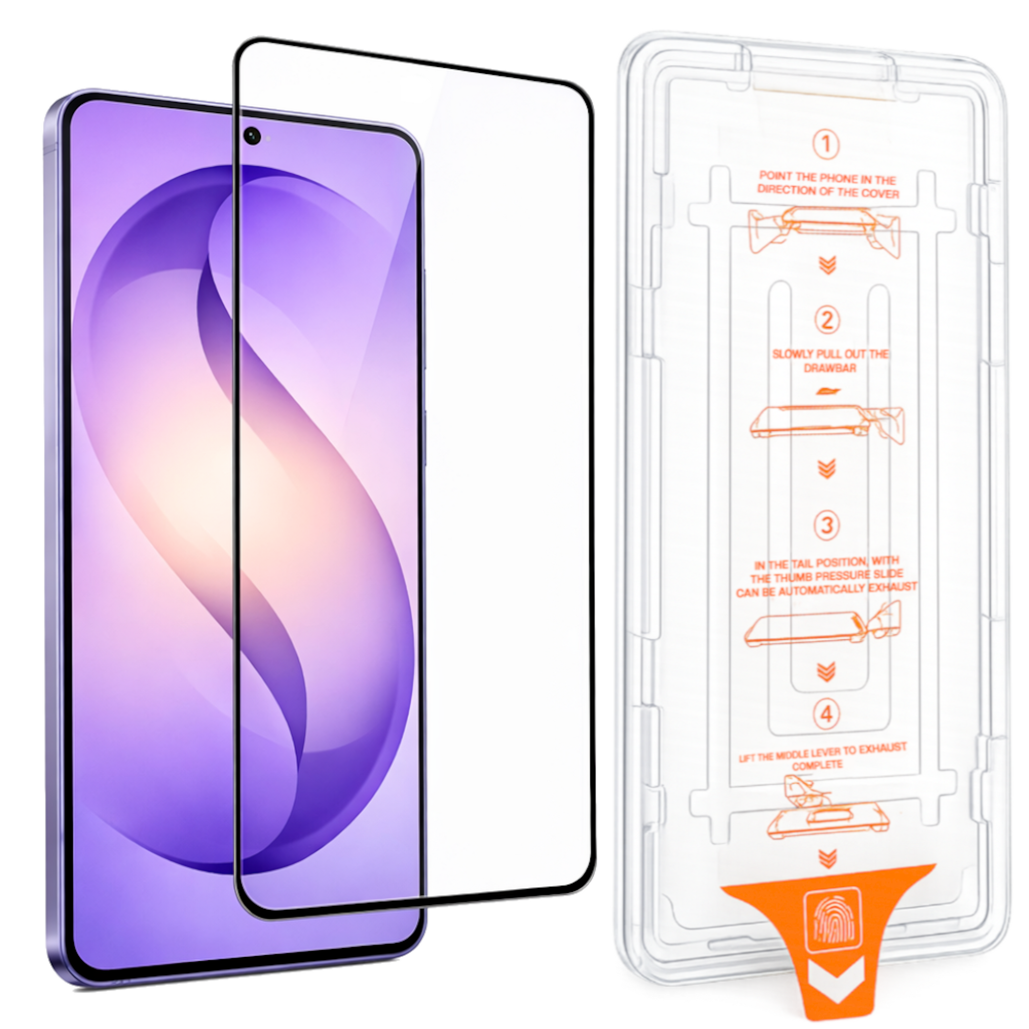 Uno smartphone con protezione schermo e istruzioni in confezione trasparente.