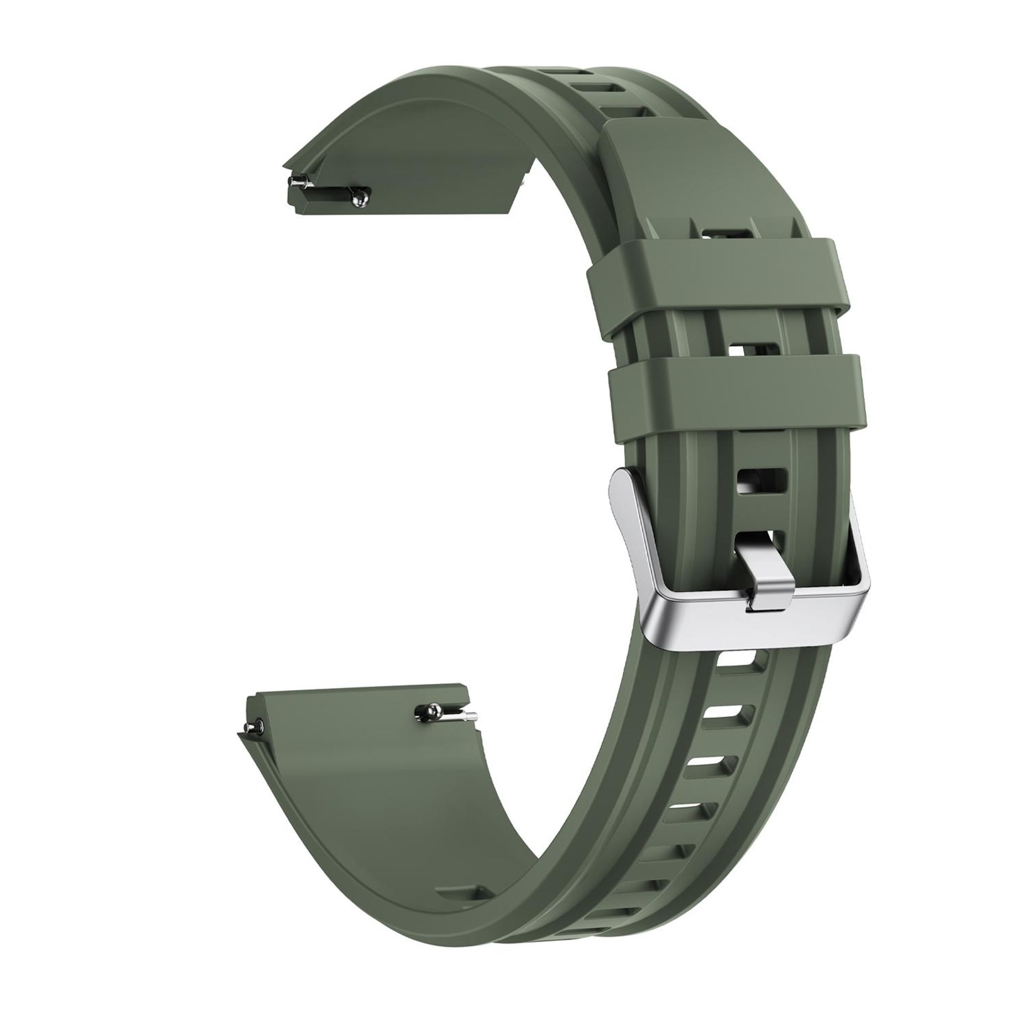Ein dunkelgrünes Uhrenarmband mit Metallschnalle und Schlitzen.