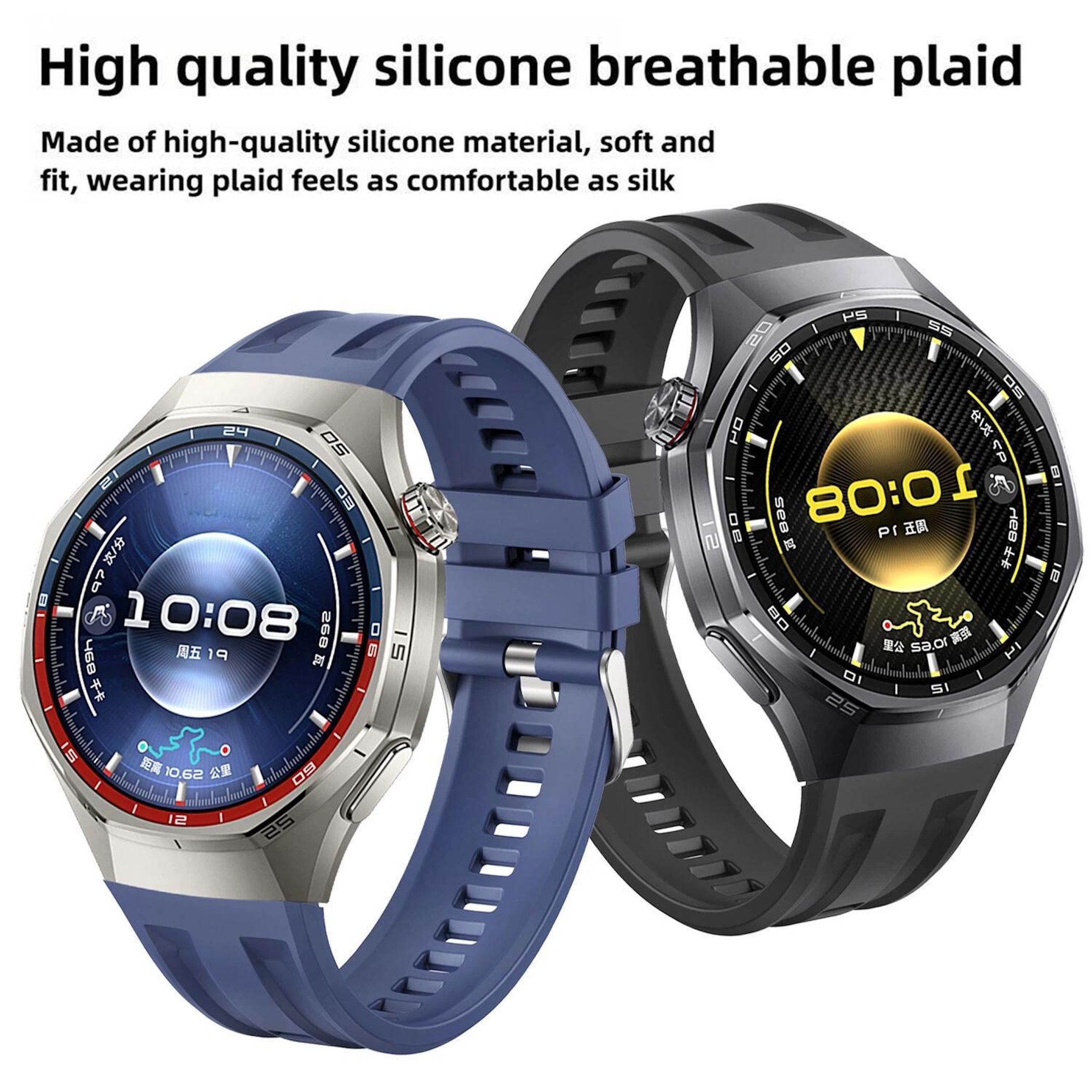 Zwei Smartwatches, eine blau, eine schwarz, mit digitalen Displays.