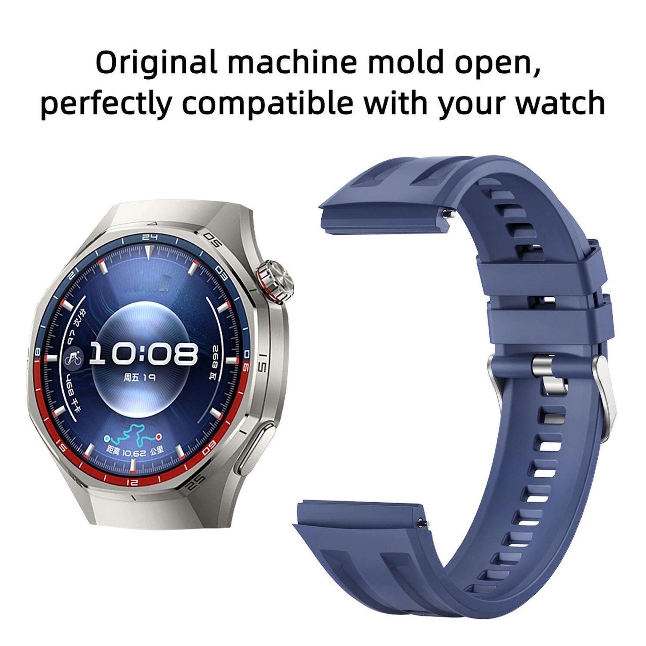 Eine Smartwatch mit blauem Armband und silbernem Gehäuse.