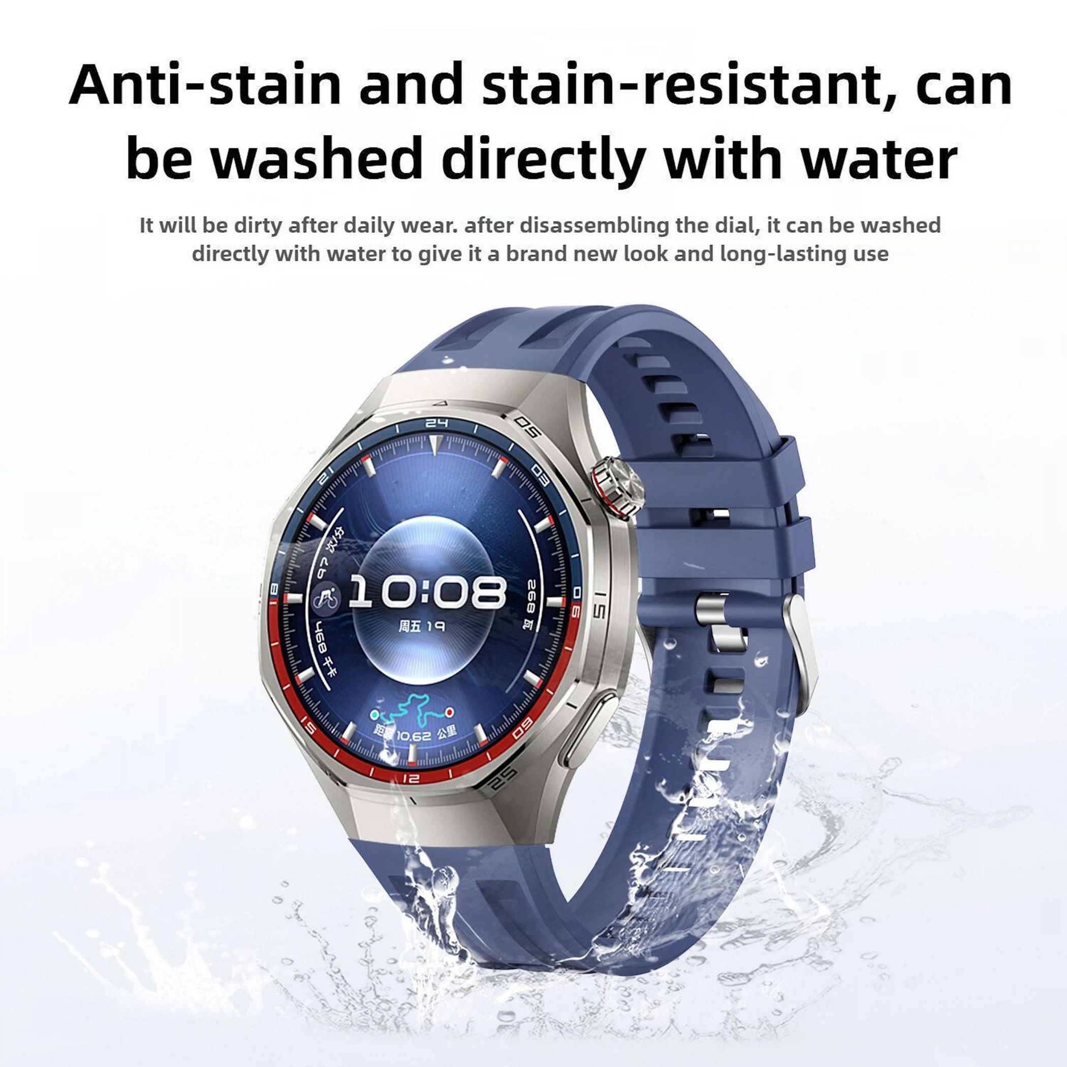 Eine blaue Smartwatch mit silbernem Gehäuse wird mit Wasser übergossen.
