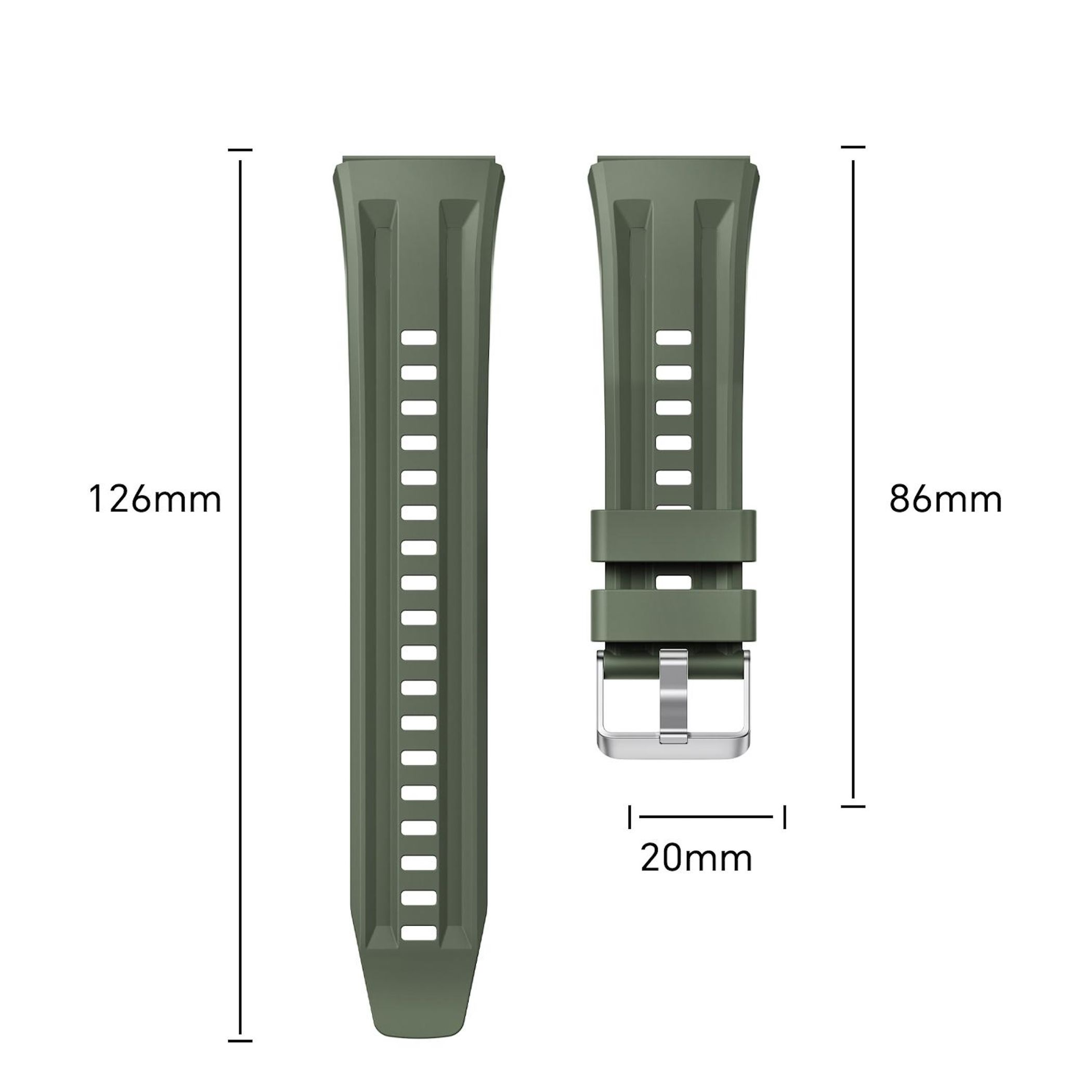 Grünes Uhrenarmband mit Schnalle, 126mm lang, 86mm lang, 20mm breit.