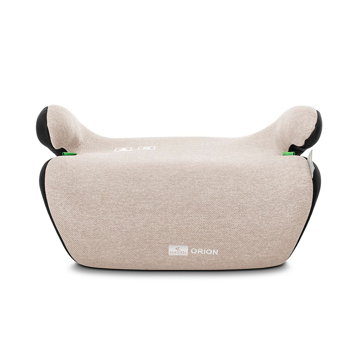 Beige Kindersitzerhöhung mit schwarzen Akzenten und grünen Hebeln.