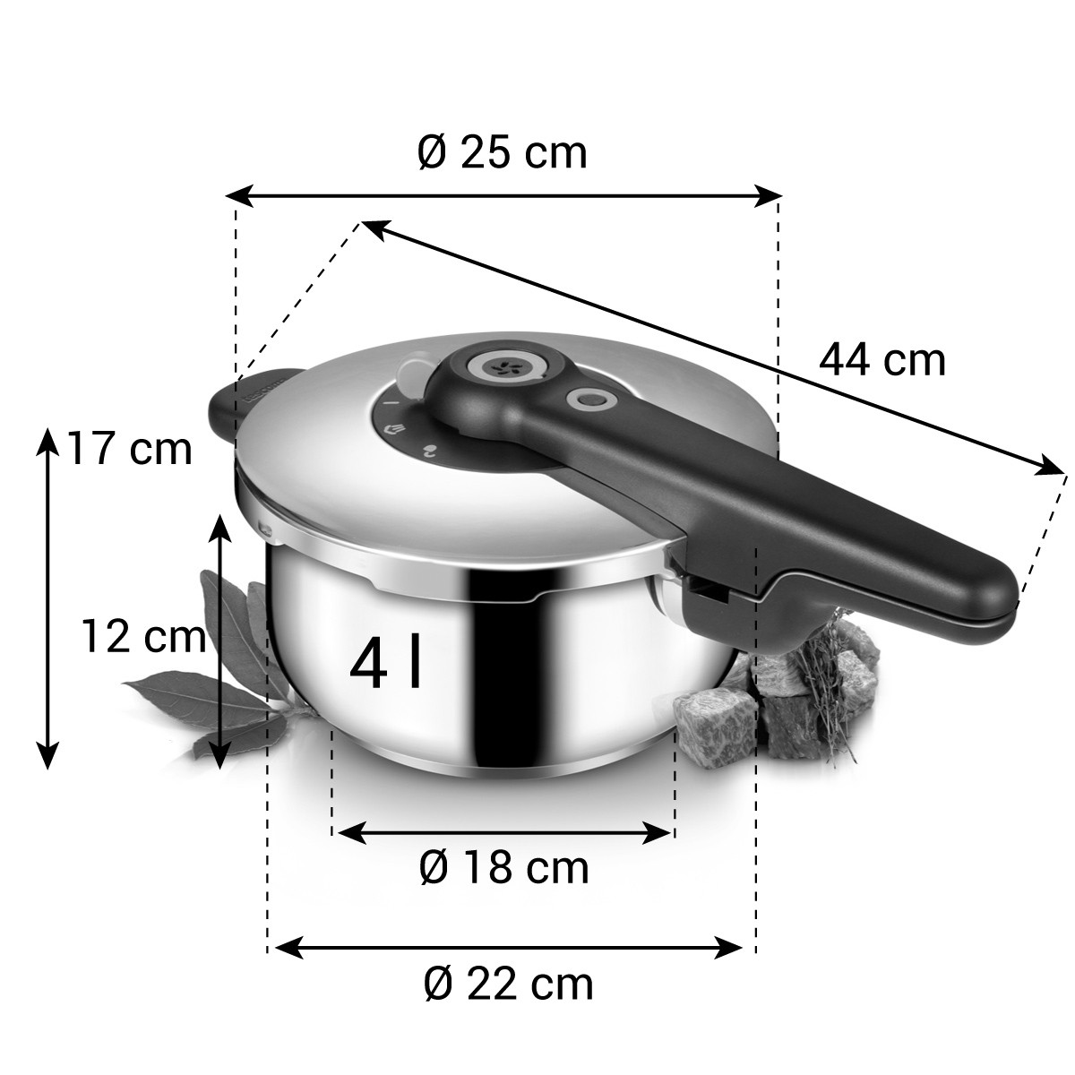 Edelstahl-Schnellkochtopf 4L, Ø 25cm, Höhe 17cm, Breite 44cm.