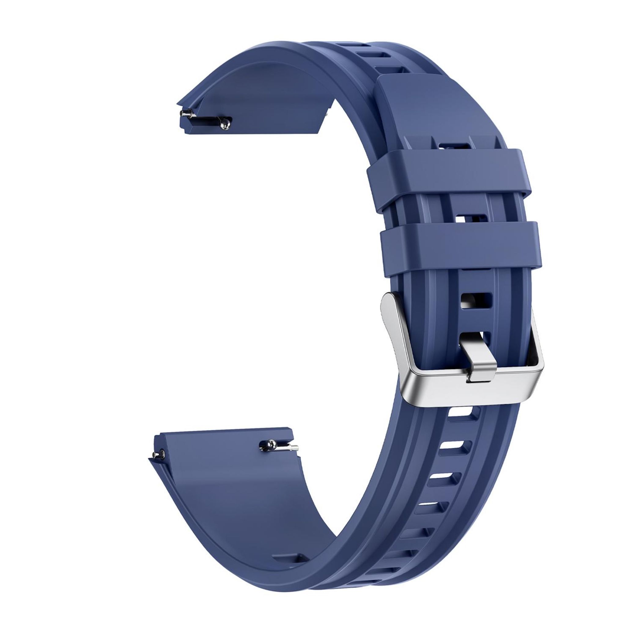 Ein blauer Uhrenarmband mit Metallschnalle auf weißem Hintergrund.