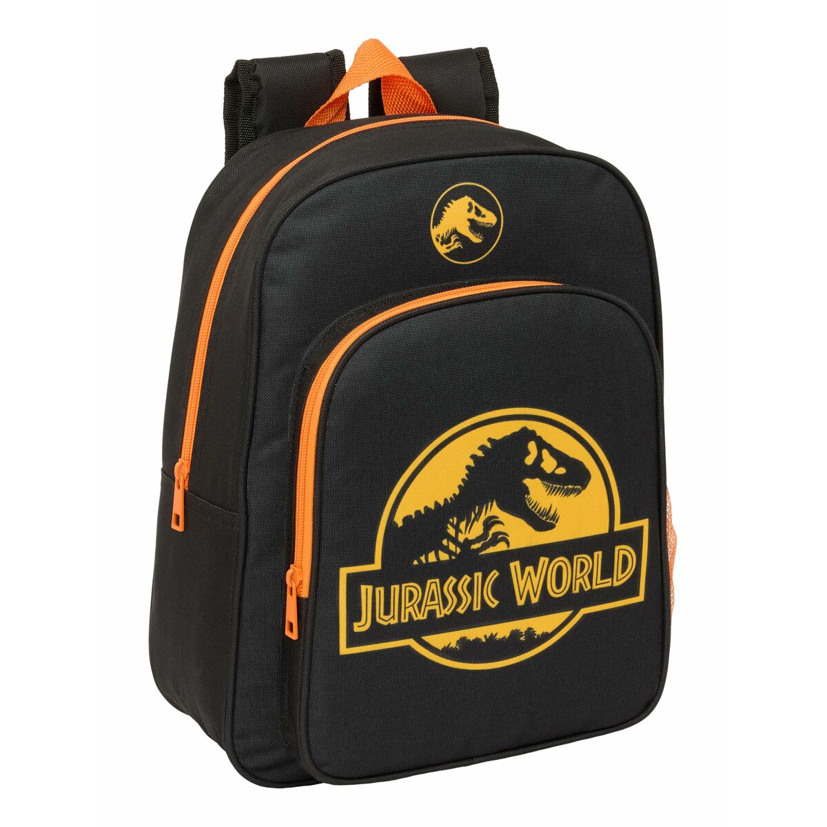 Schwarzer Rucksack mit Jurassic World Logo und orangefarbenen Akzenten.