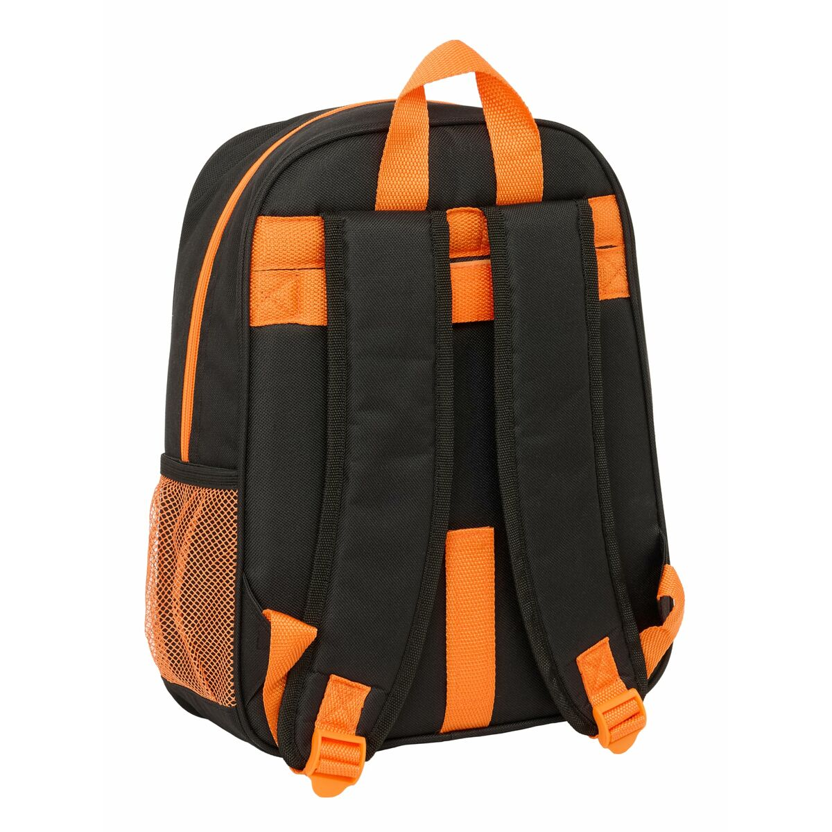 Schwarzer Rucksack mit orangefarbenen Trägern und Netzseitentaschen.