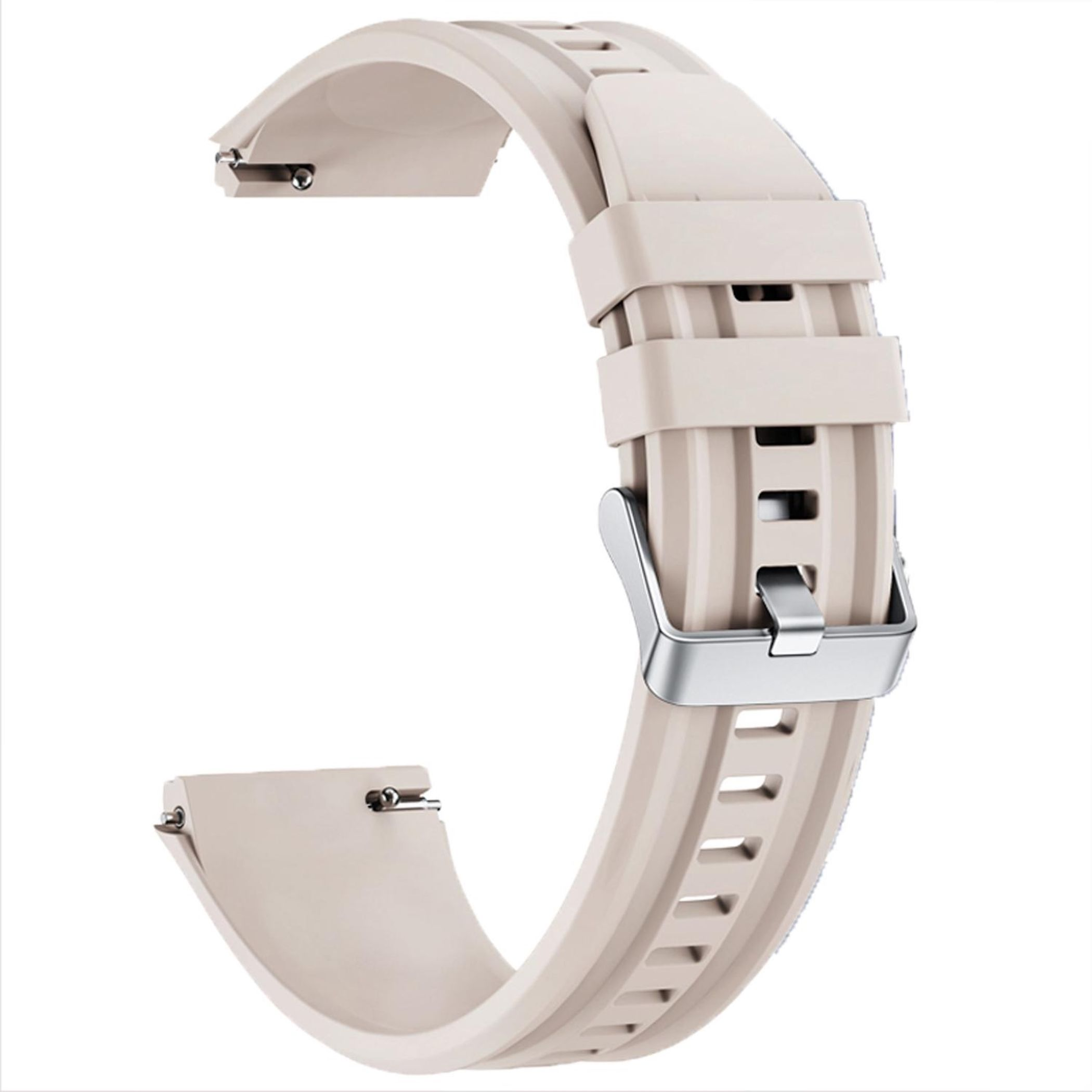 Ein hellbeiges, flexibles Uhrenarmband mit Silberschließe und Dornschließe.