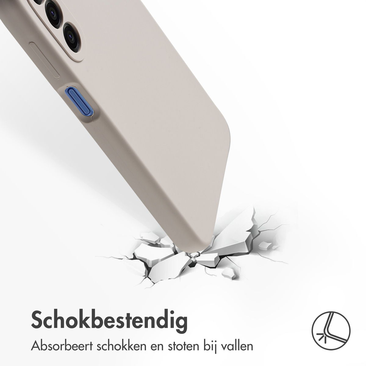 Een beige telefoonhoesje slaat op een barstend oppervlak.