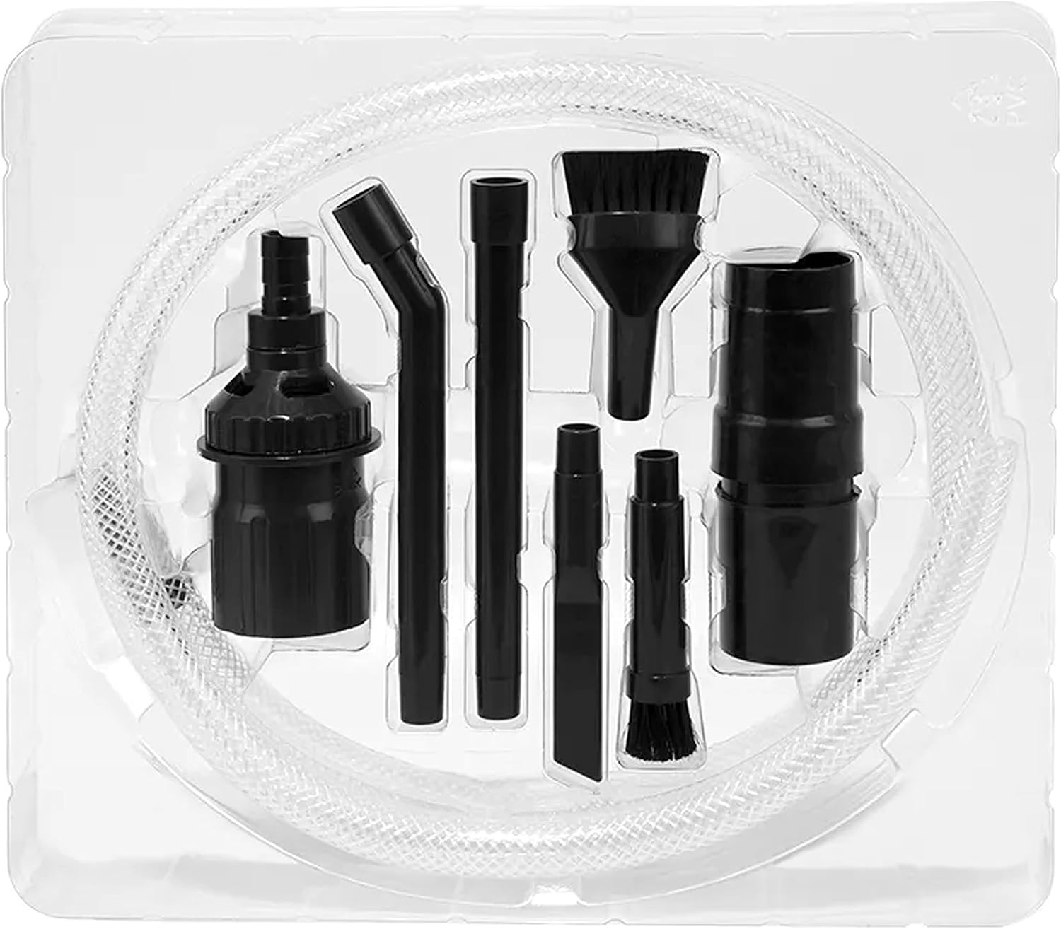 Schwarzes Vakuumzubehör-Set mit Schläuchen und Bürsten in einer transparenten Verpackung.
