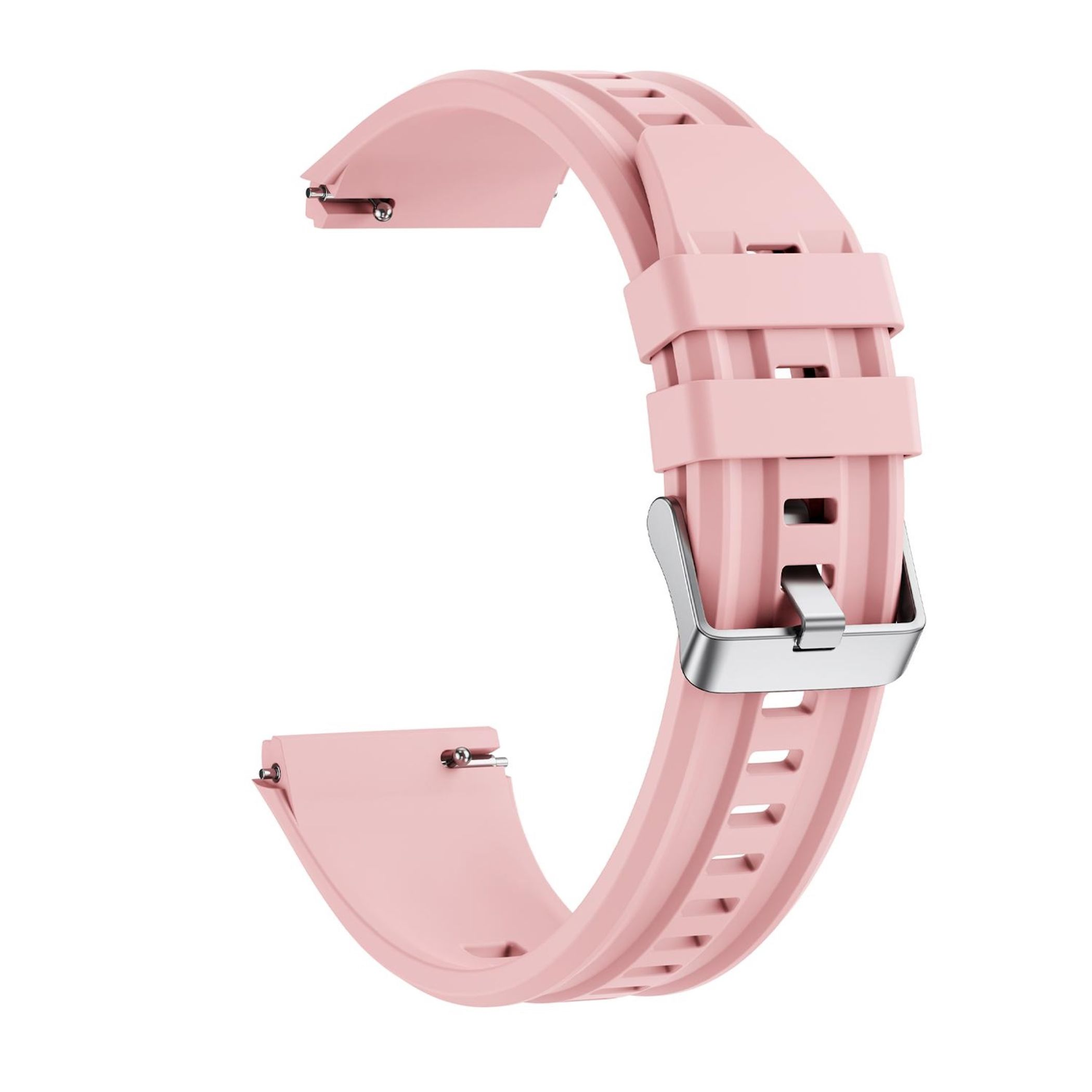 Ein rosa Uhrenarmband aus Gummi mit Metallschnalle, detailliert.