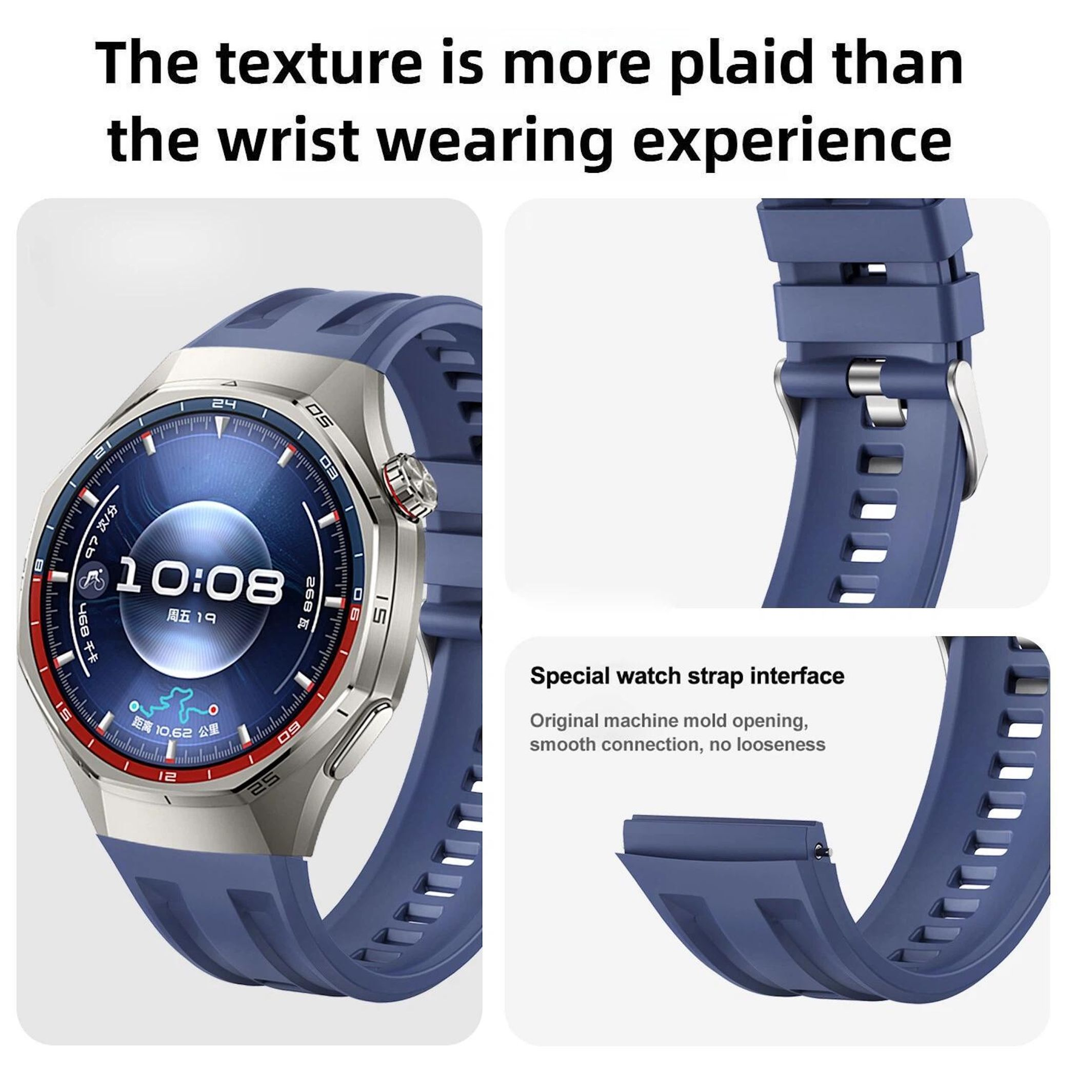 Eine blaue Smartwatch mit silbernem Gehäuse und detailliertem Zifferblatt.
