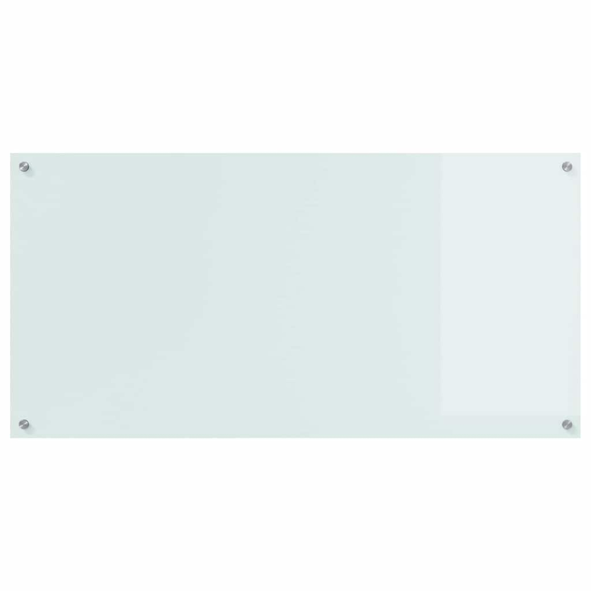 Eine leere, rechteckige Glaswandtafel mit silbernen Befestigungen in jeder Ecke.