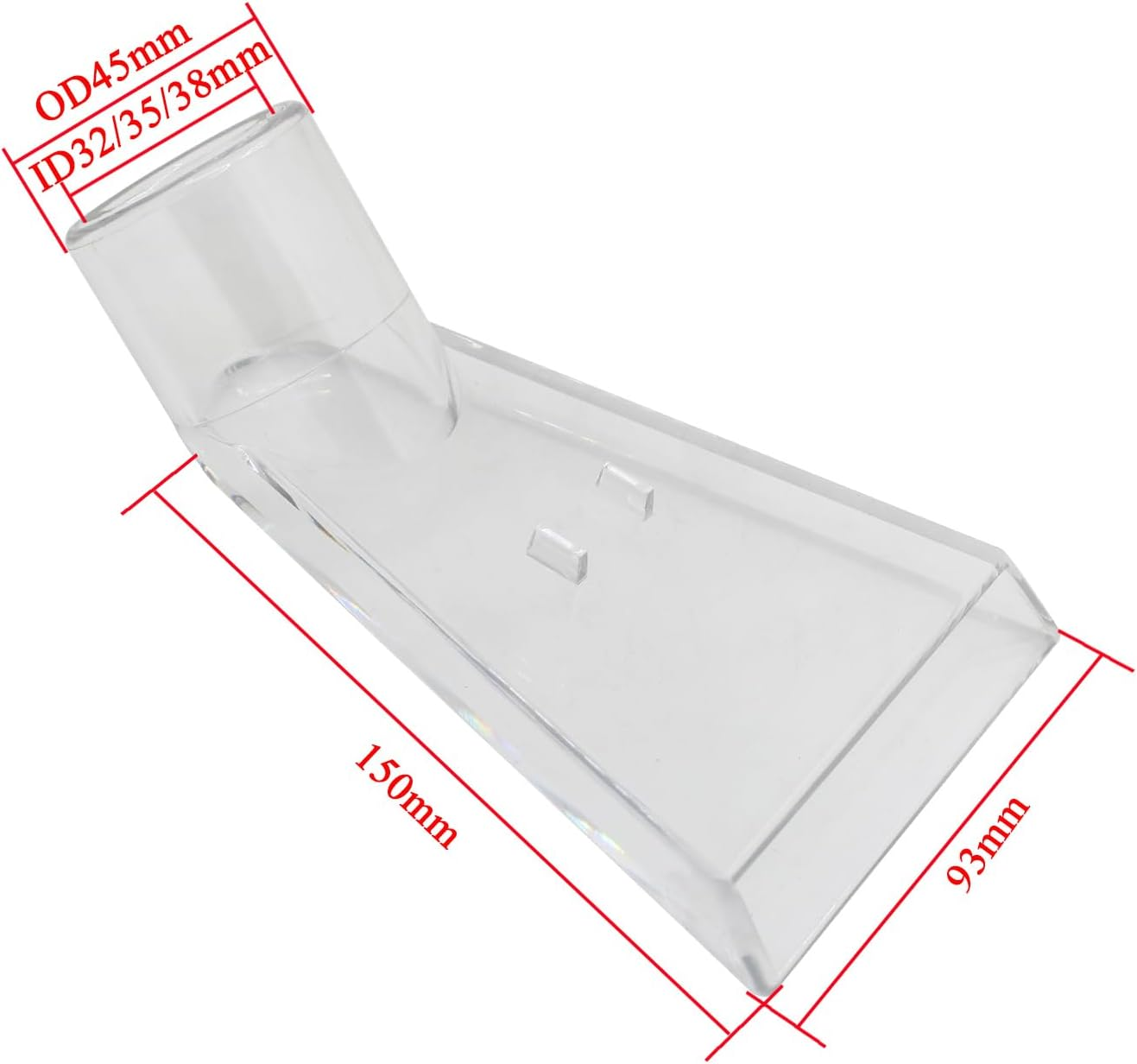 Ein transparenter, L-förmiger Kunststoffadapter mit Maßangaben.