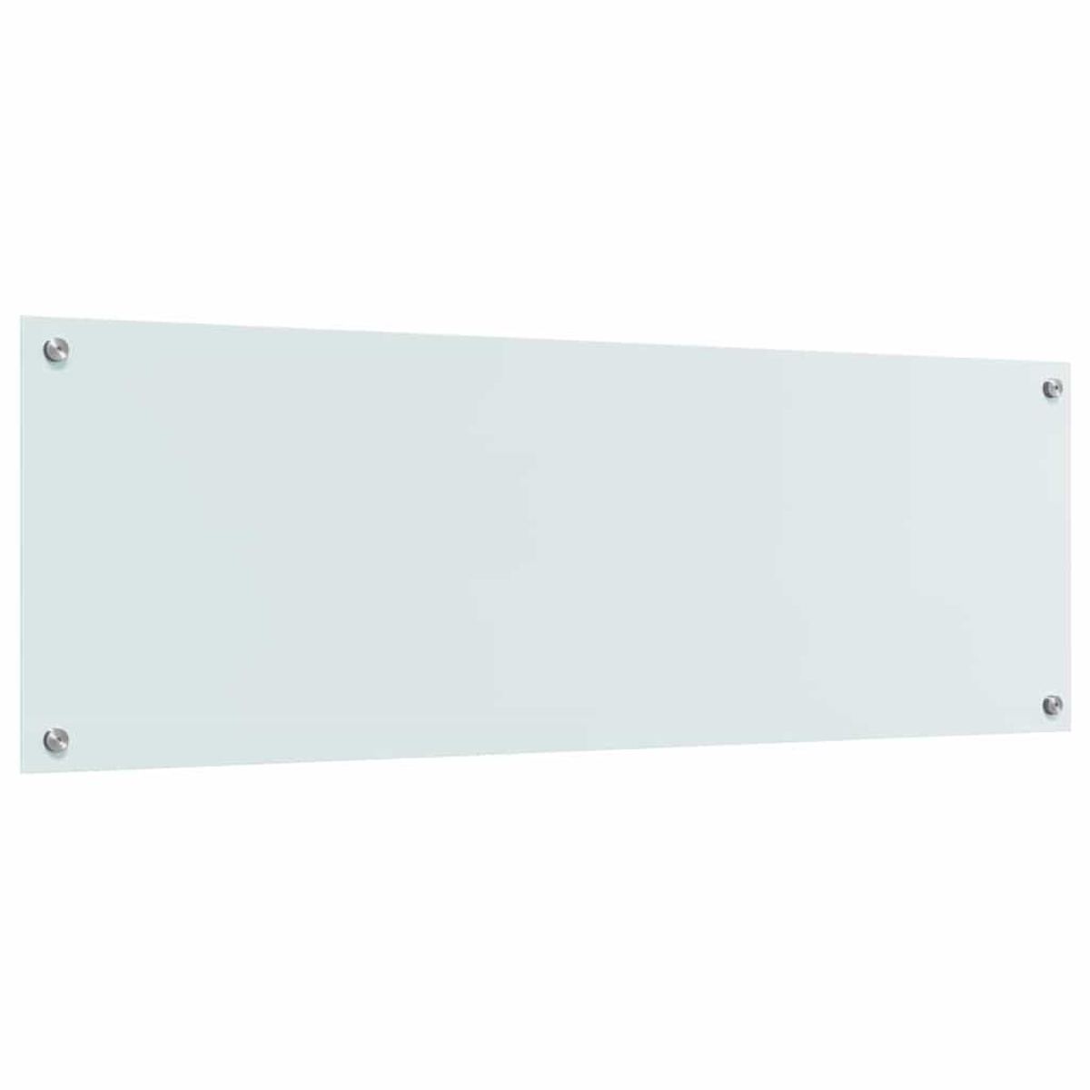 Eine weiße Glaswandtafel mit vier silbernen Befestigungen.