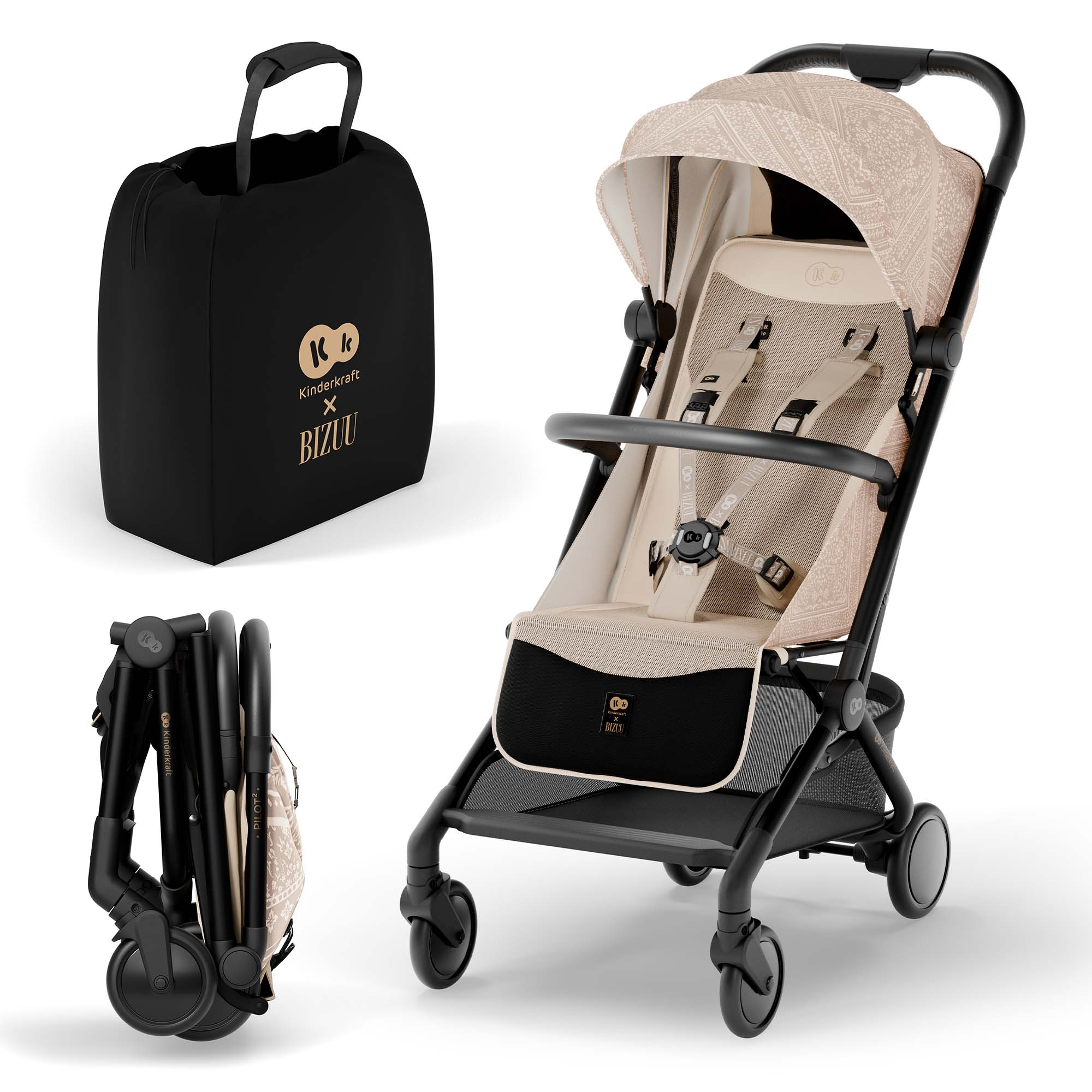 Ein Kinderwagen in Beige mit Muster, zusammengeklappt und in Tasche.