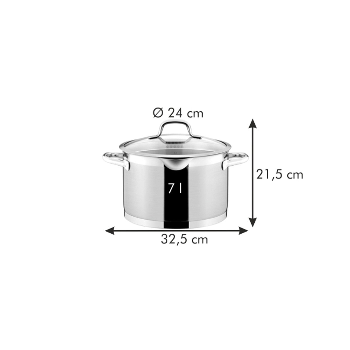 Edelstahltopf mit Glasdeckel, Ø 24 cm, 7 L, Höhe 21,5 cm, Breite 32,5 cm.