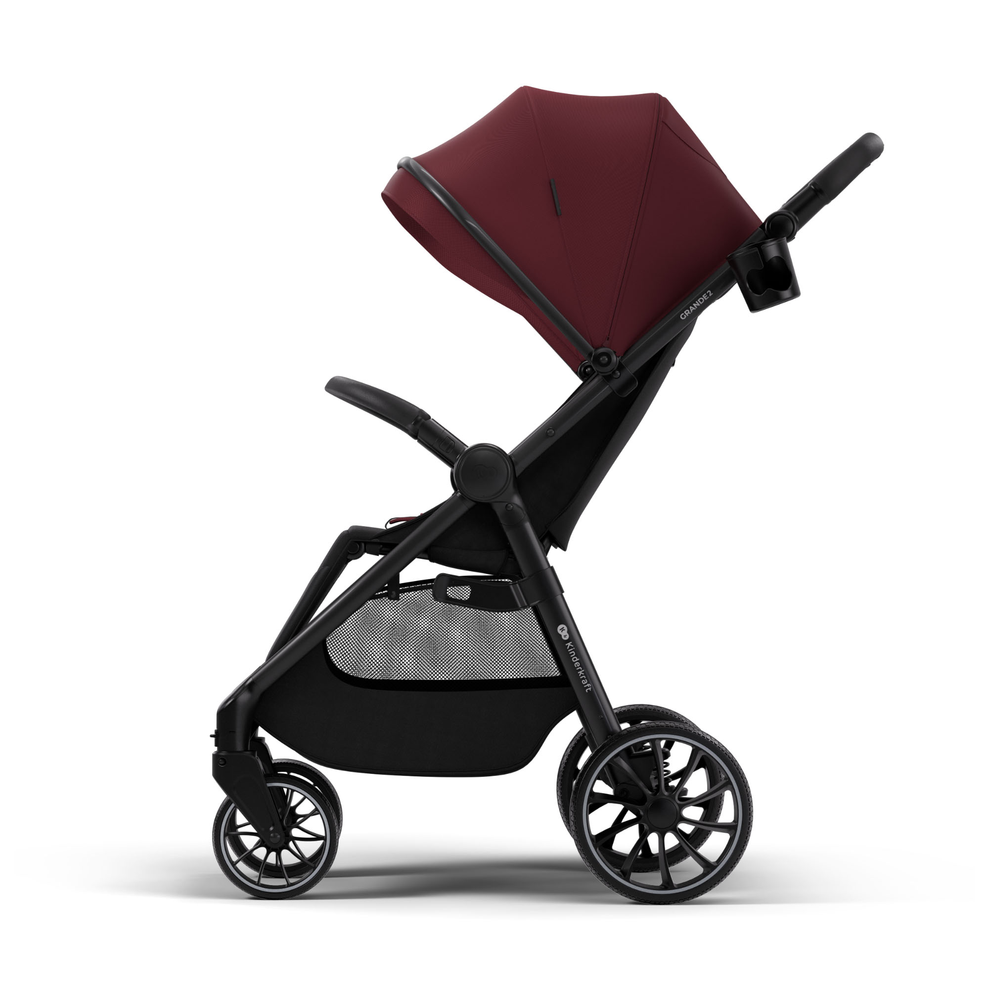 Ein burgunderroter Kinderwagen mit schwarzem Rahmen und Netzablage.