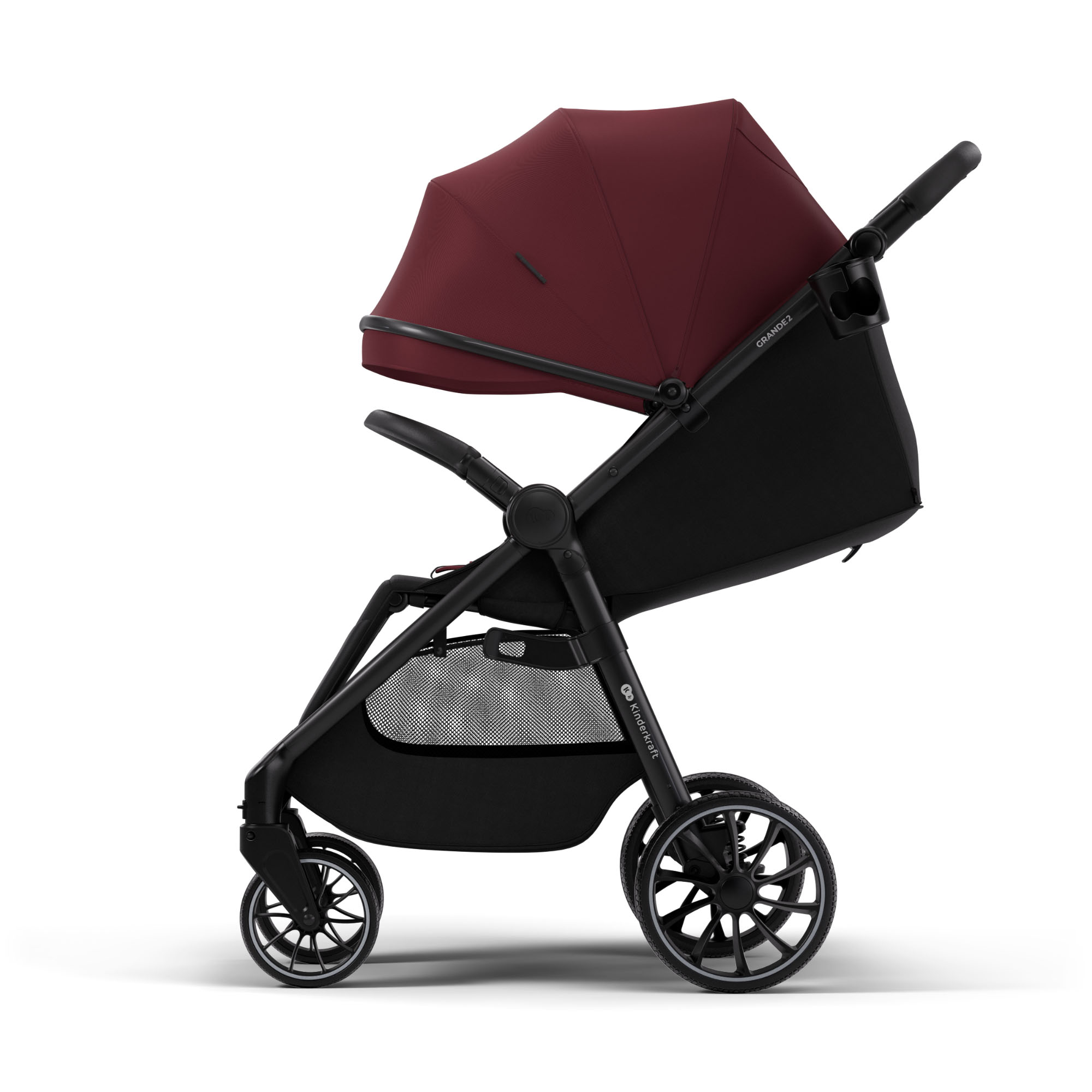 Ein dunkelroter Kinderwagen mit schwarzem Rahmen und Netzablage.