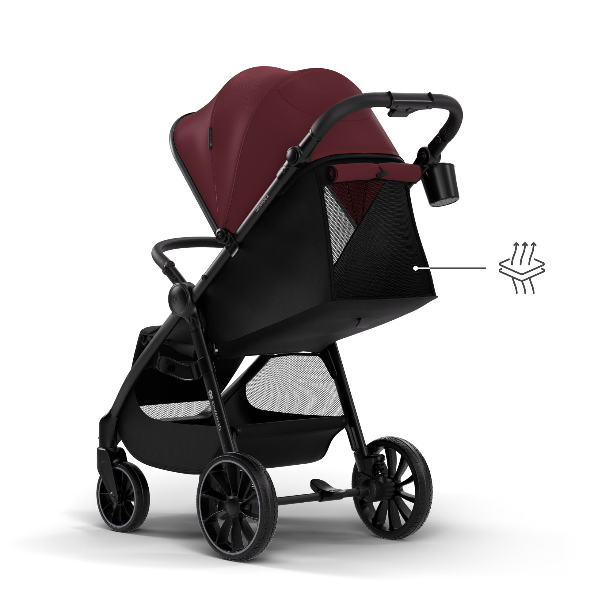 Ein dunkelroter Kinderwagen mit schwarzem Gestell und Rädern.
