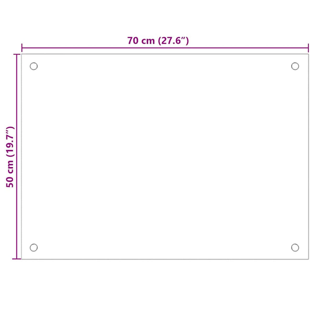 Weiße Rechteckplatte mit Maßen 70x50 cm und vier Ecklöchern.
