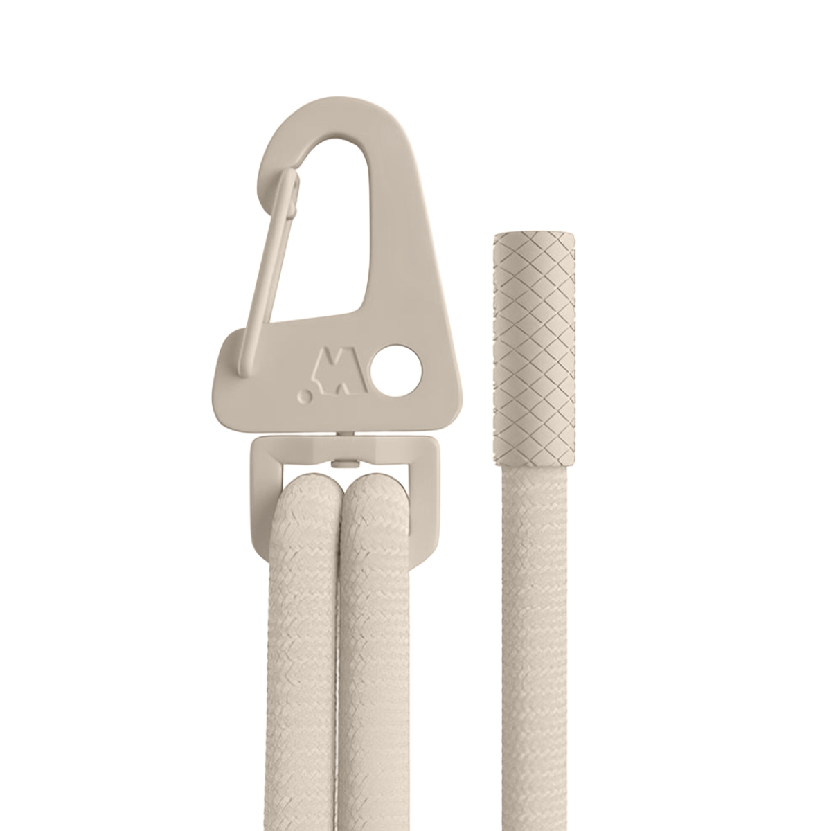 Ein beiger Karabiner mit einem Seil, das durch ihn hindurchführt.