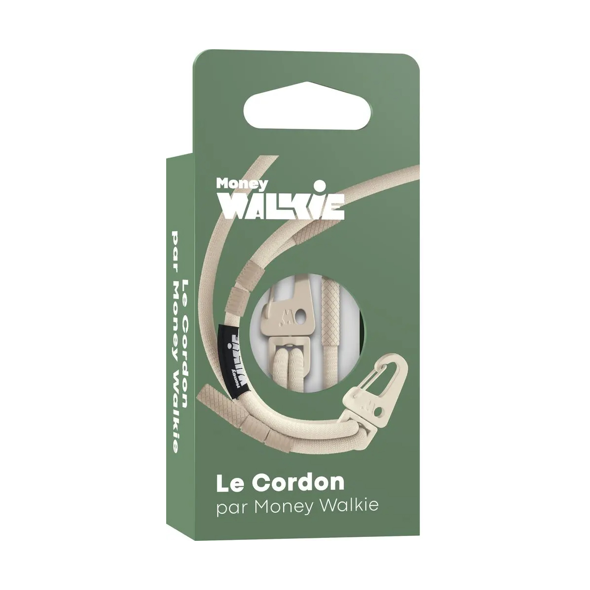 Verpackung mit beige Kordel und Clip für Geldbeutel. Markenlogo und Produktname sichtbar.