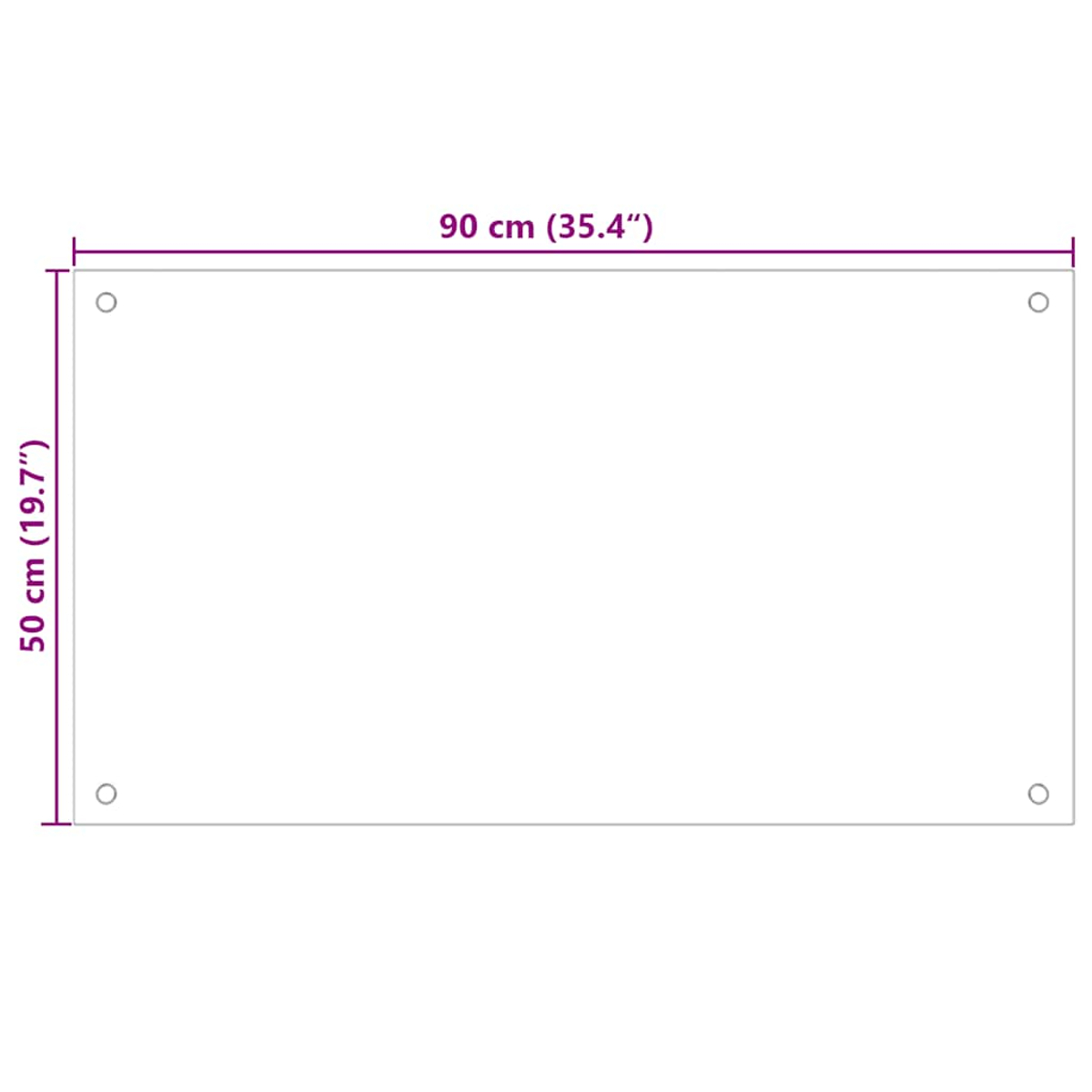 Weiße Platte mit Maßen 90 cm x 50 cm, vier Ecklöcher.