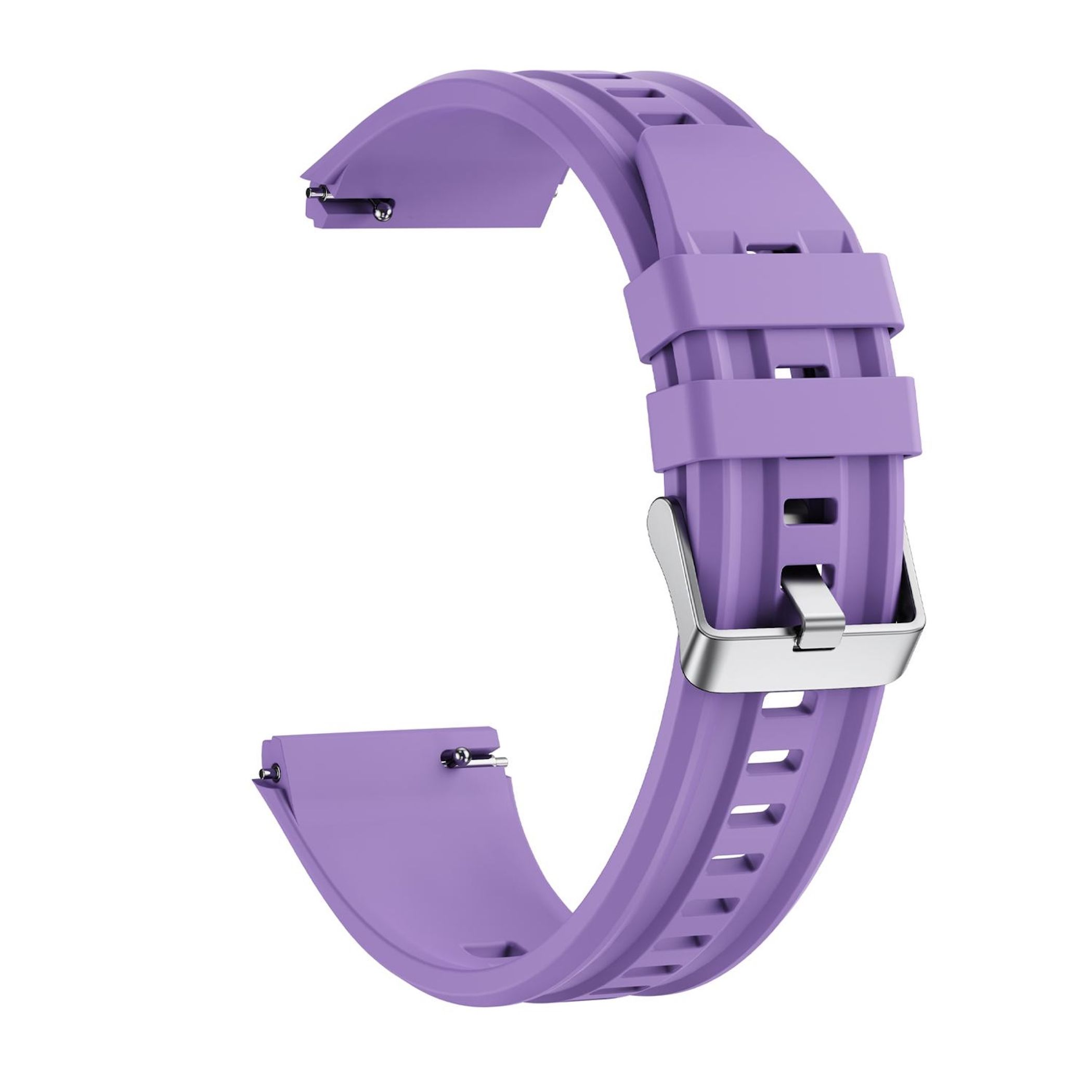 Ein lavendelfarbener Uhrenarmband mit silberner Schnalle auf weißem Hintergrund.