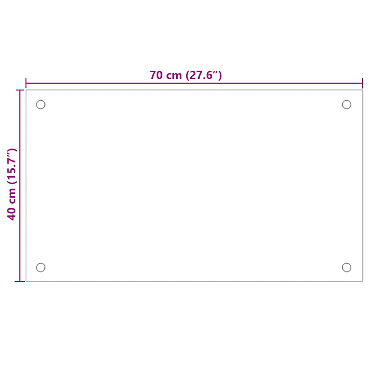 Ein weißes Rechteck mit Maßen 70cm x 40cm, zeigt vier Ecklöcher.