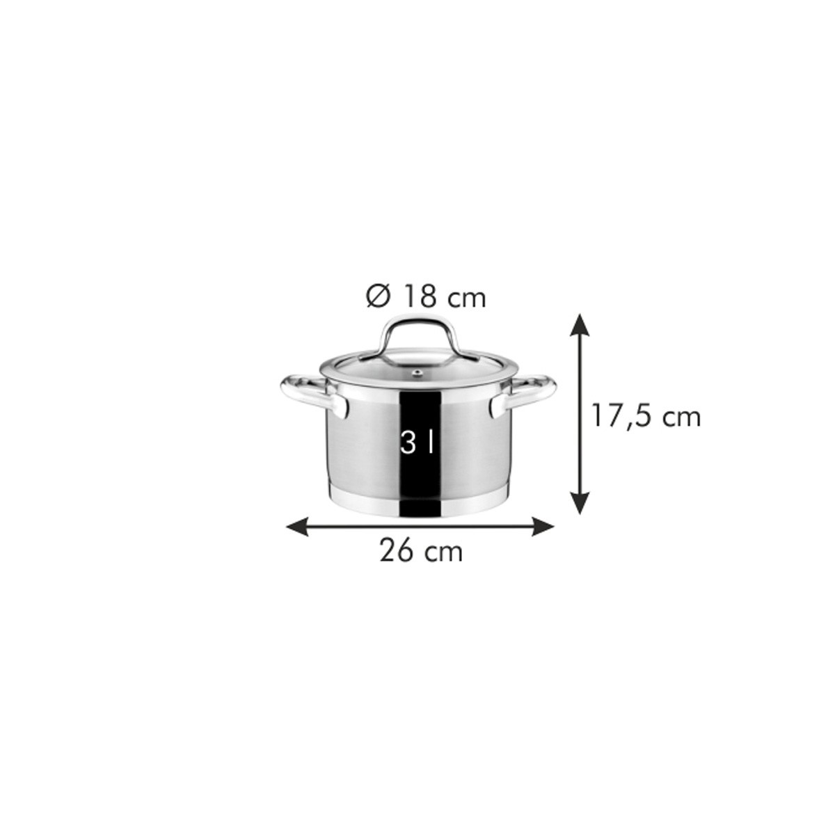 Edelstahlkochtopf mit 3L Kapazität, Ø 18cm, 26cm breit, 17,5cm hoch.
