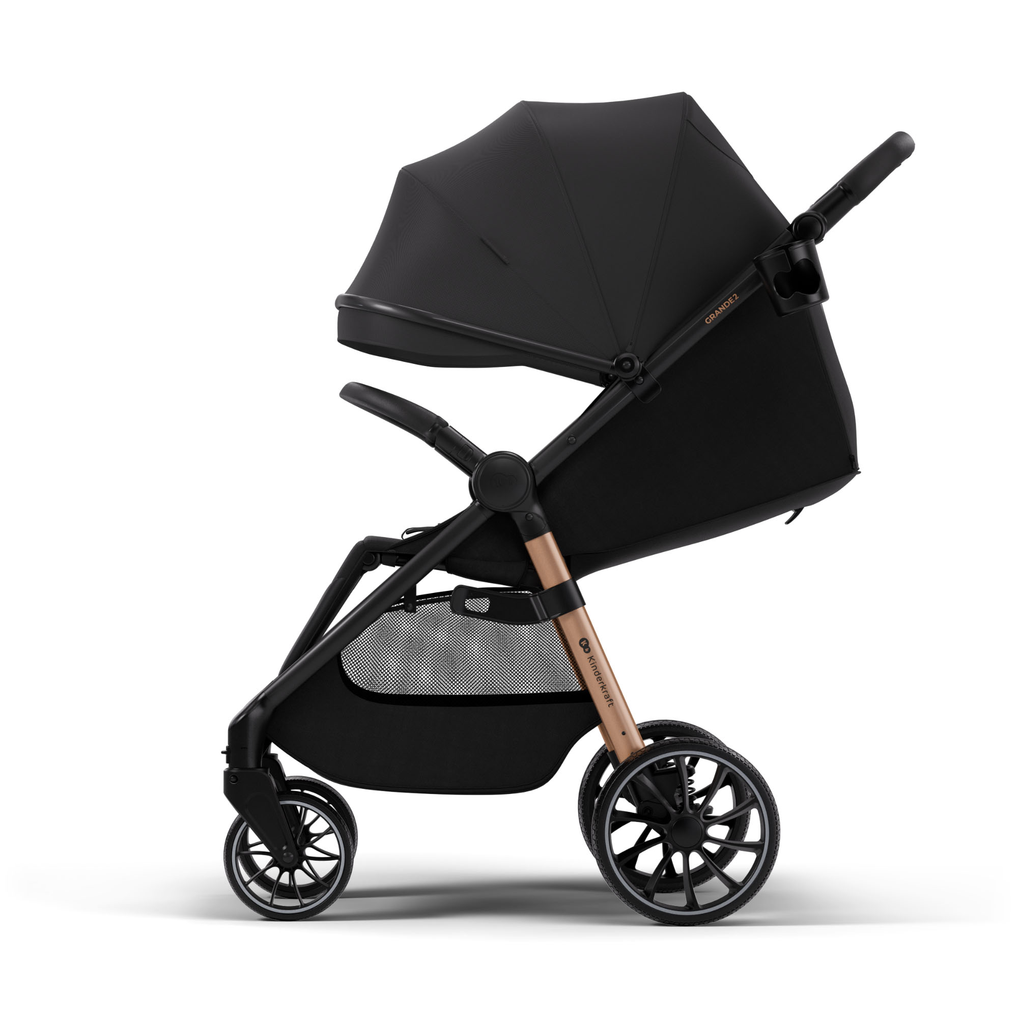 Schwarzer Kinderwagen mit kupferfarbenem Rahmen und Netzablage.