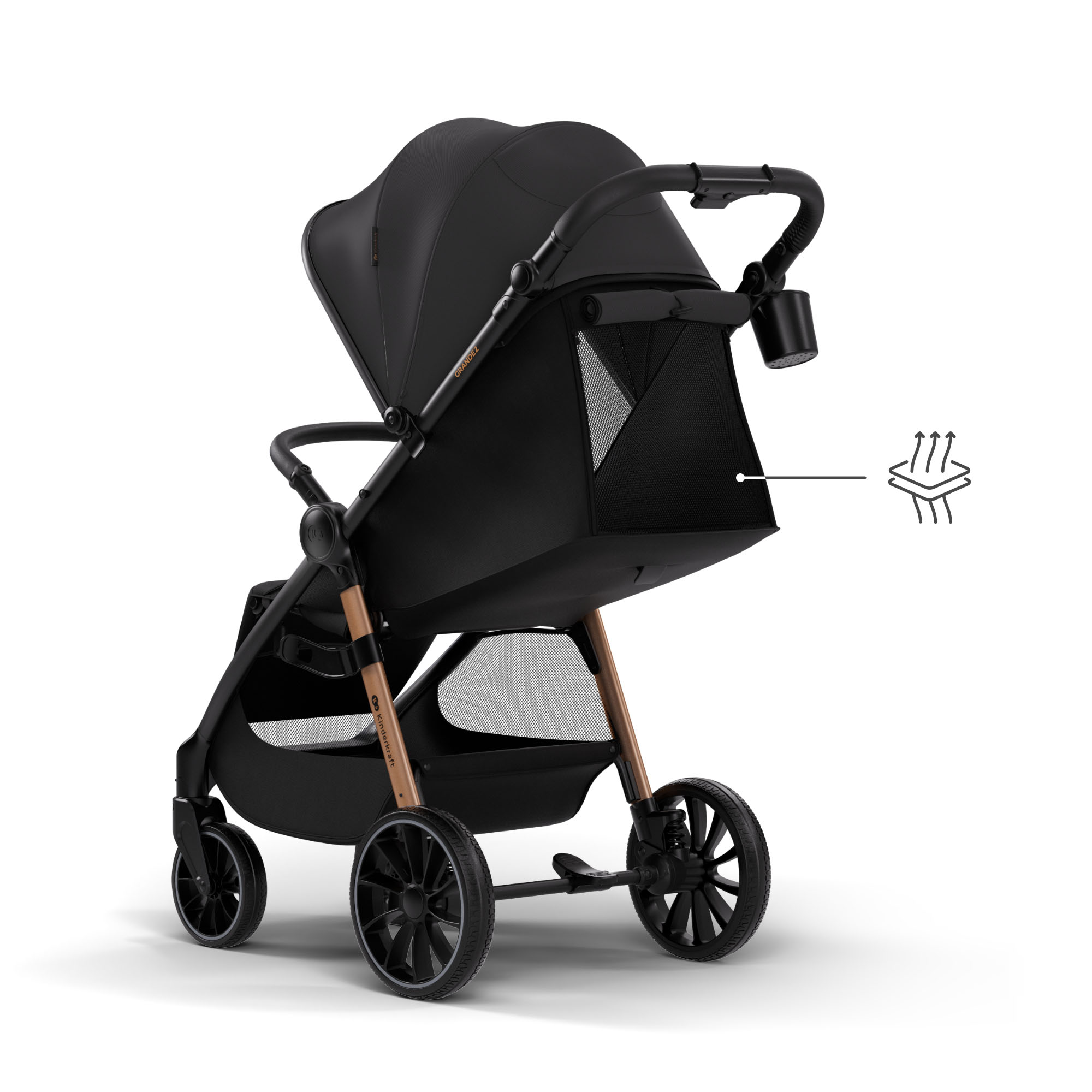 Schwarzer Kinderwagen mit verstellbarem Griff, großem Verdeck und Einkaufskorb.