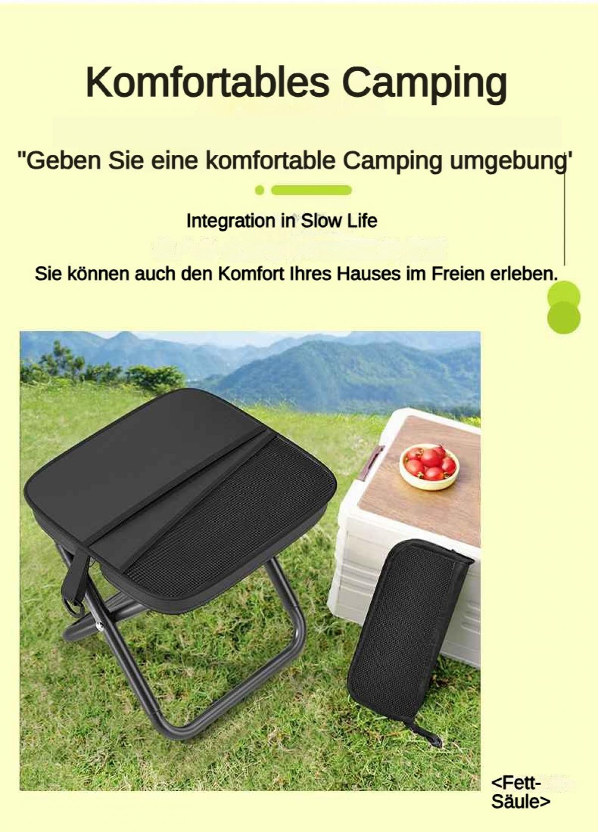 Ein schwarzer Klappstuhl steht auf Gras neben einer Kühlbox mit Obst.