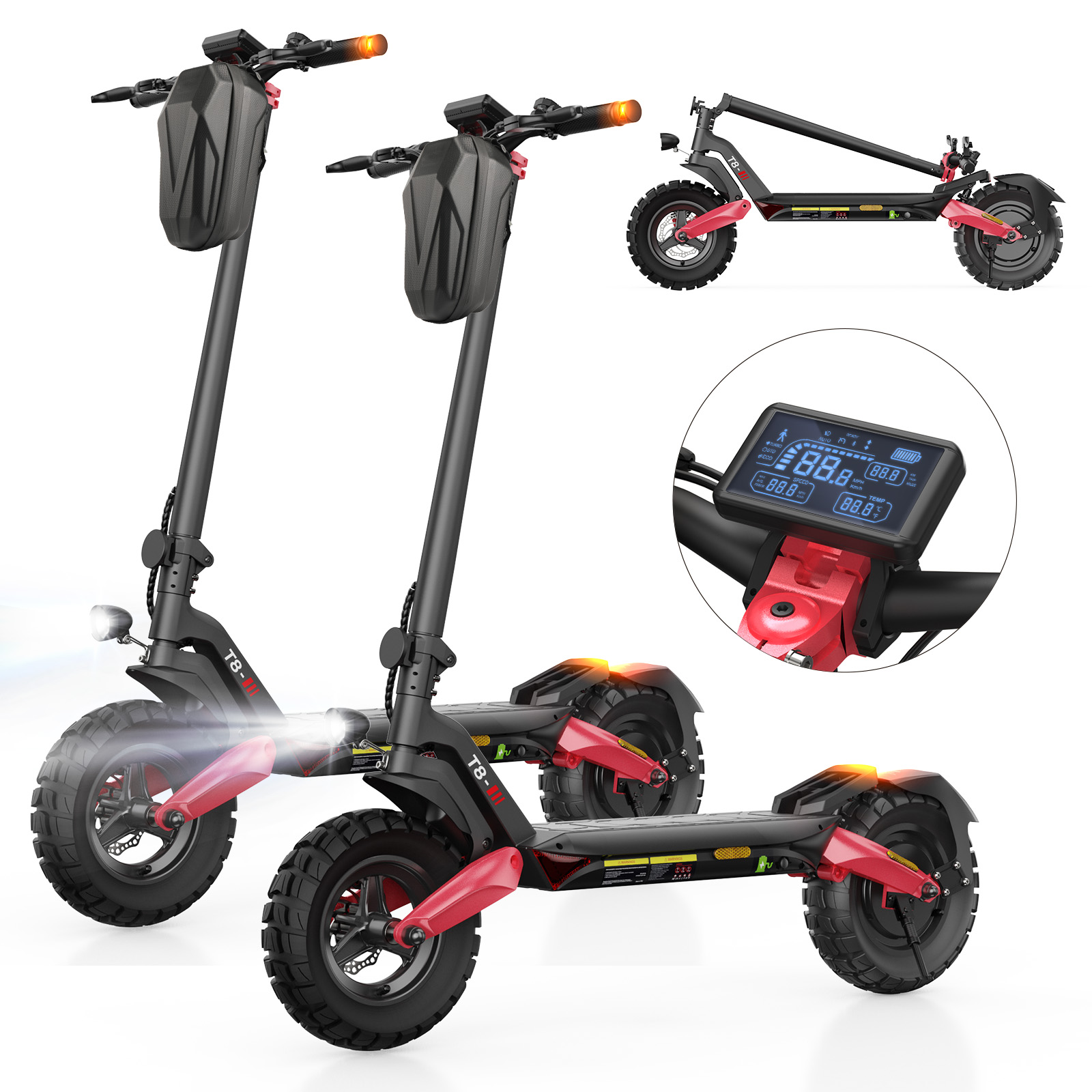 Zwei schwarze E-Scooter mit roten Akzenten und großen Rädern, eines zusammengeklappt.