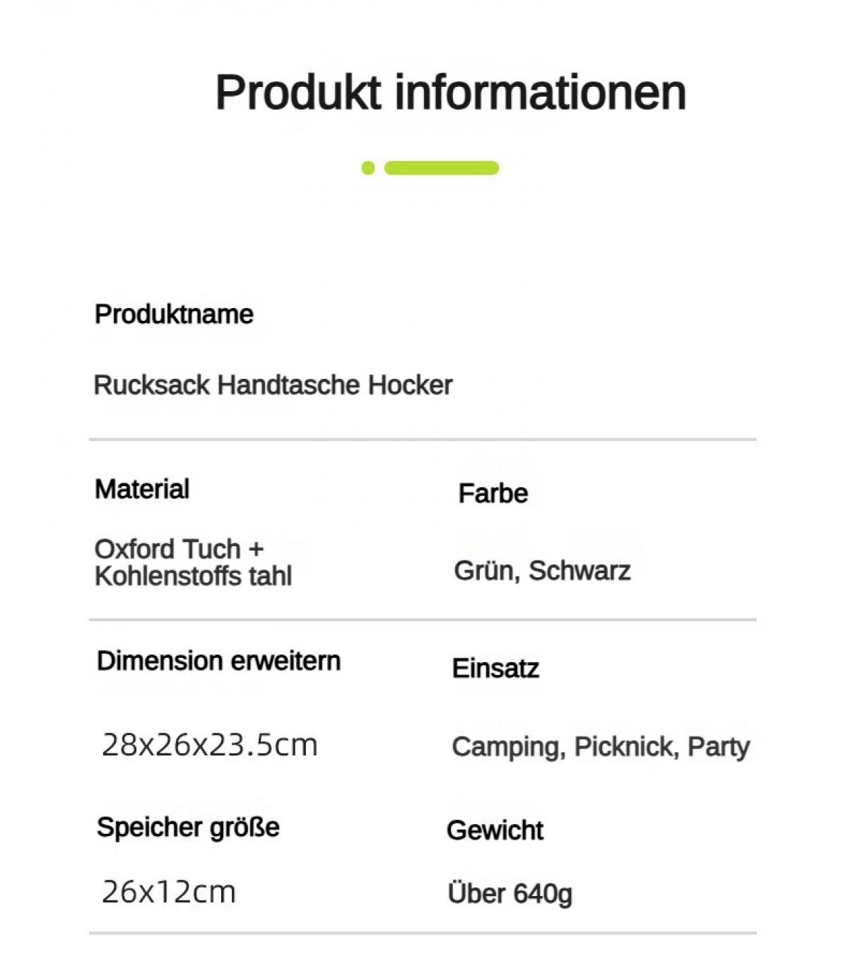Produktinformationen: Rucksack Handtasche Hocker aus Oxford, Kohlenstoffstahl. Grün/Schwarz.