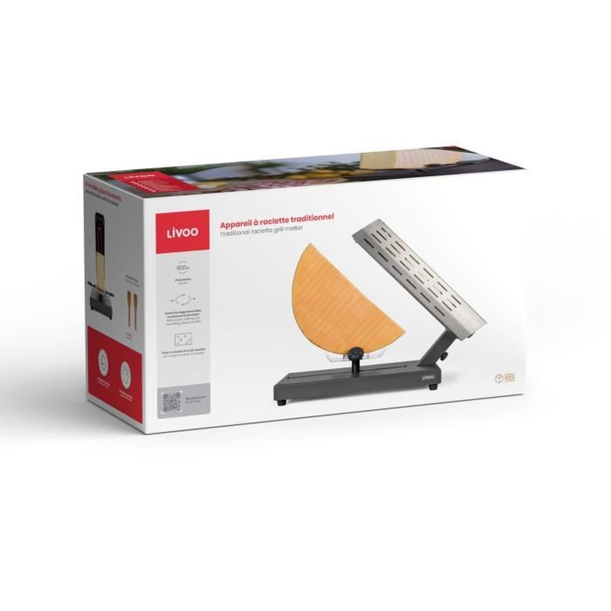 Livoo Raclette Grill mit Käseschnecke und Zubehör auf Verpackung.