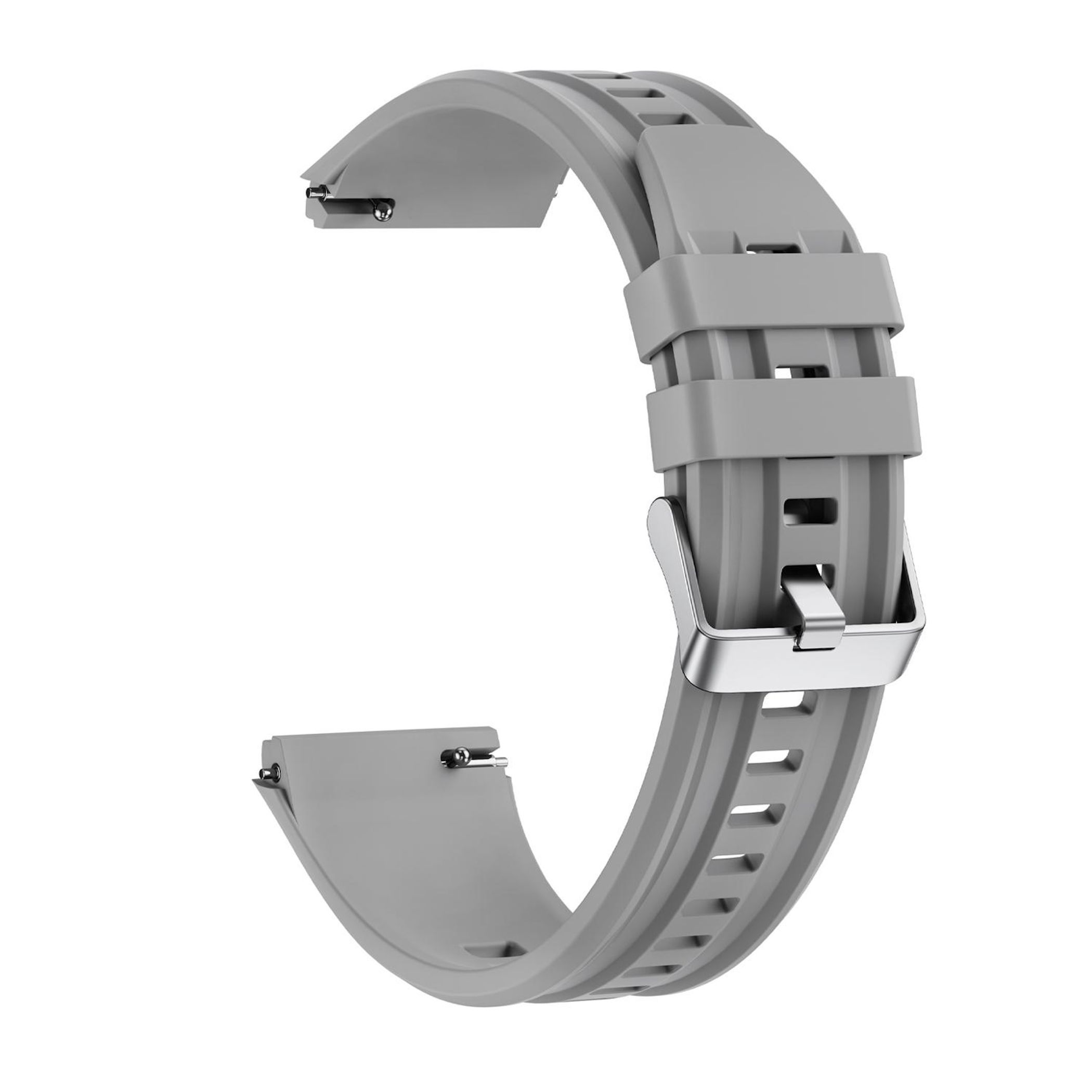 Graues Armband mit Metallschnalle und Schlitzen.