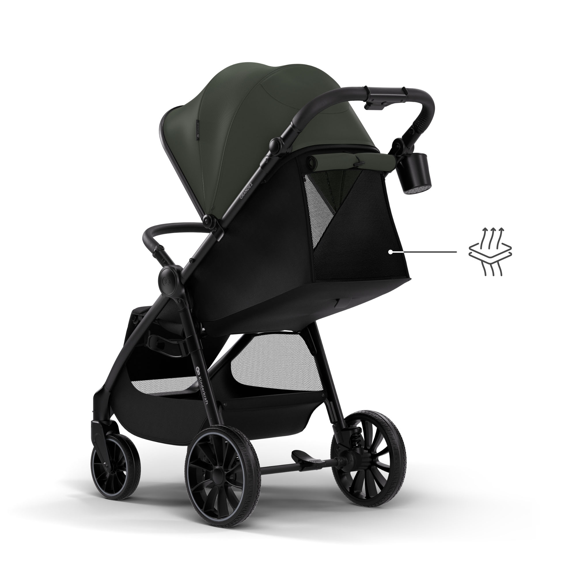 Ein dunkelgrüner Kinderwagen mit schwarzem Rahmen und Rädern.