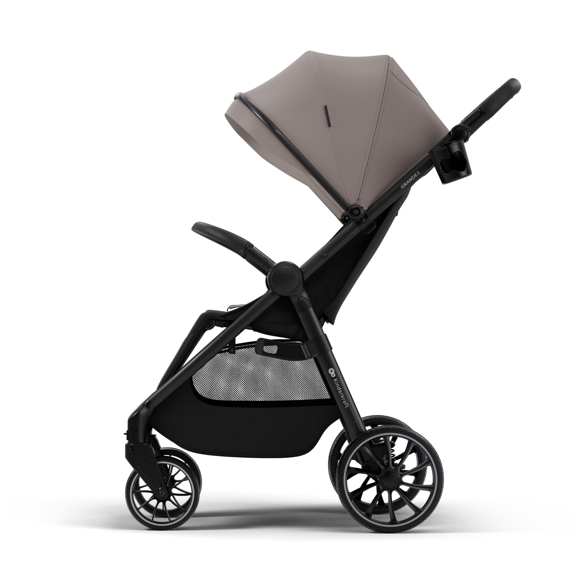 Ein grauer Kinderwagen mit schwarzem Gestell und Rädern, auf weißem Hintergrund.