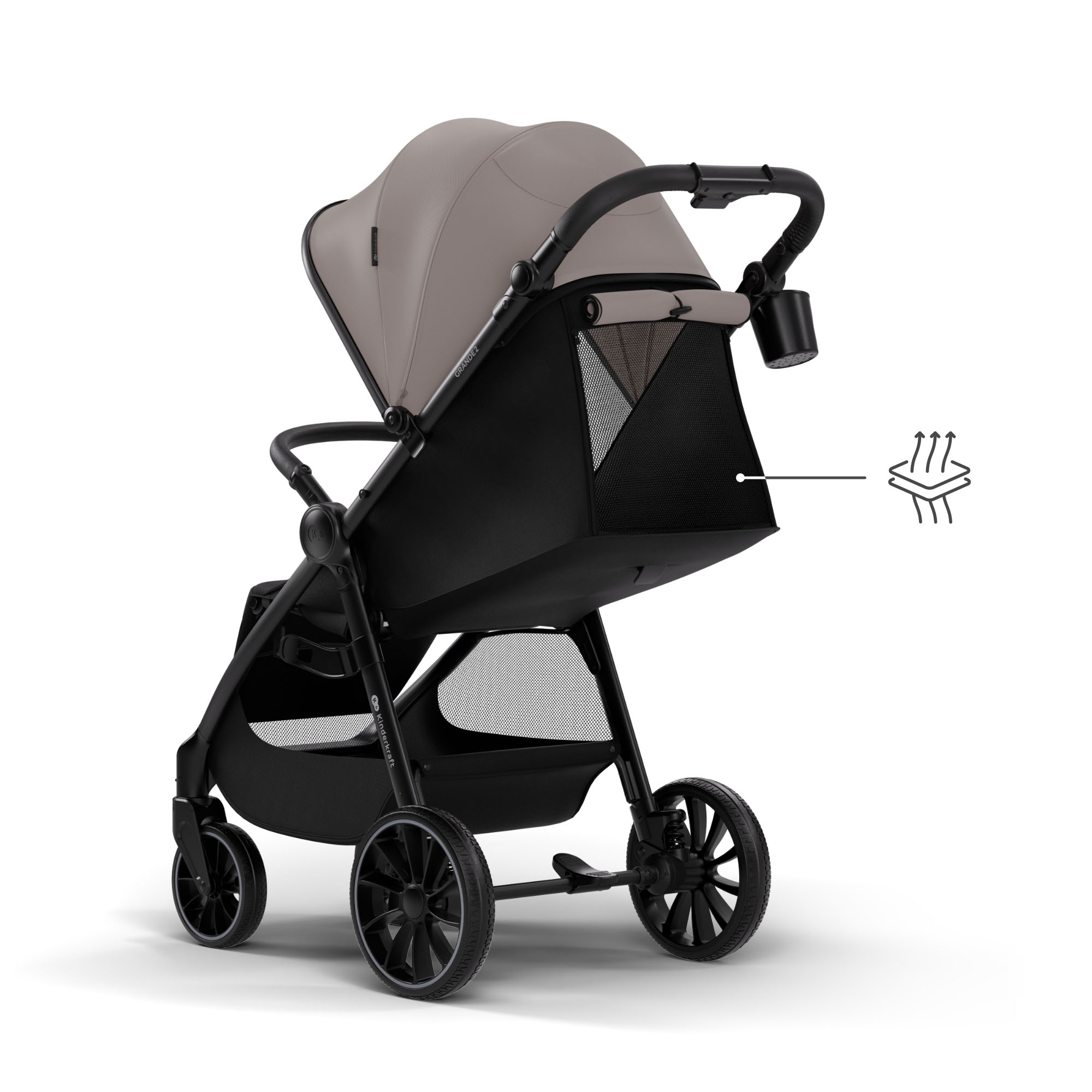 Ein grauer Kinderwagen mit schwarzem Gestell und Ablage.