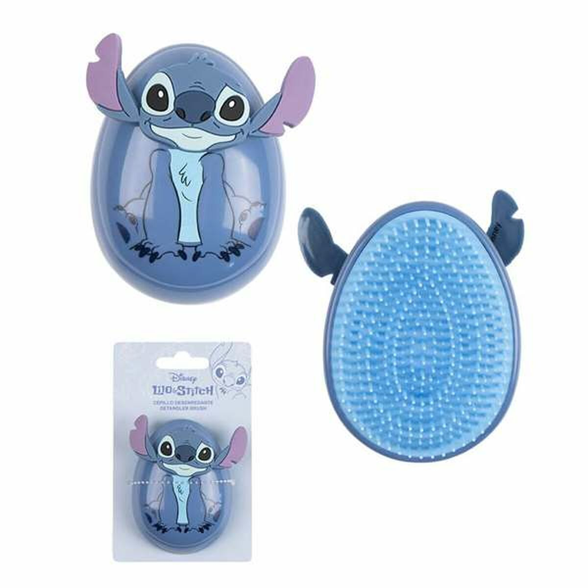 Un set di spazzole per capelli blu Stitch con orecchie e viso.