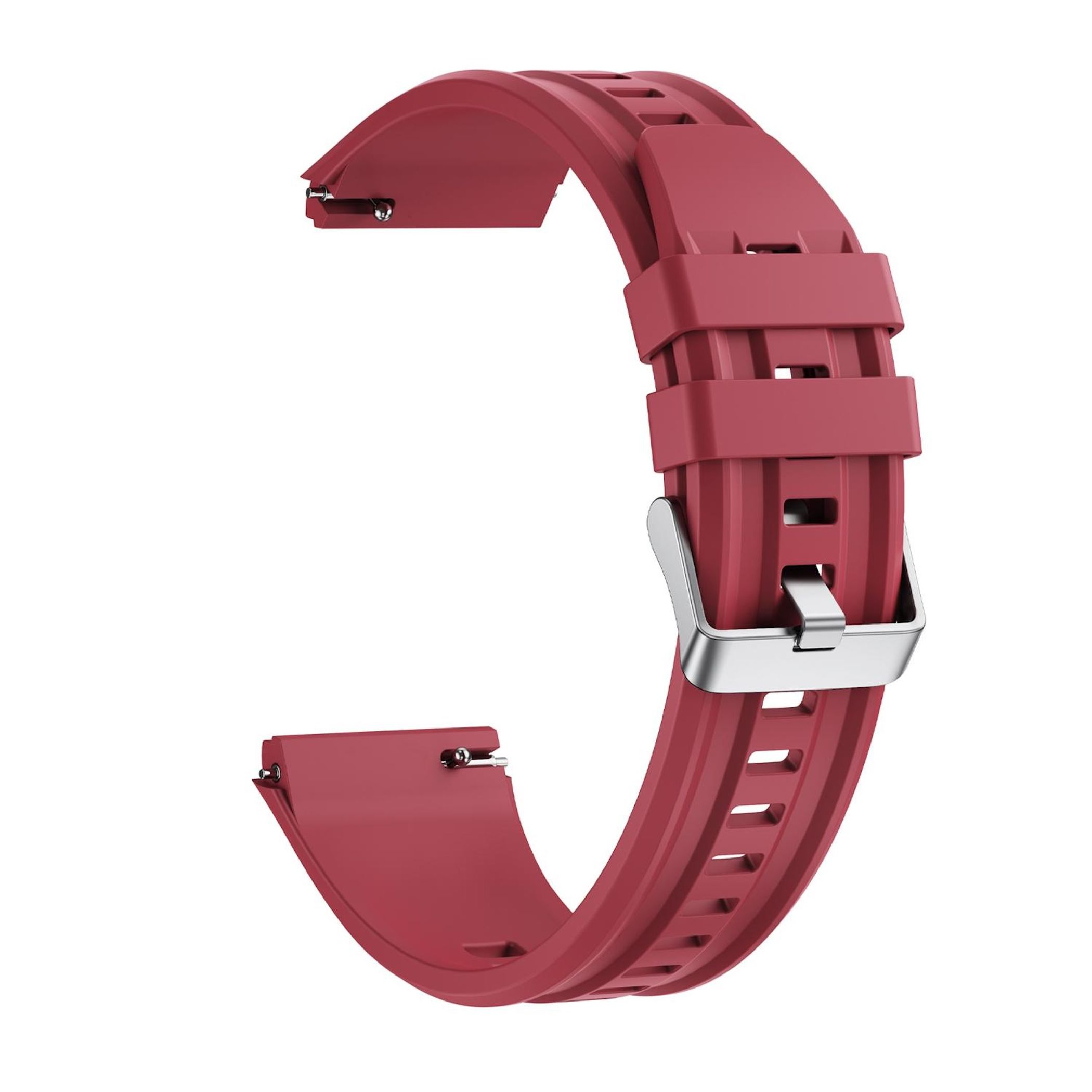 Rotes Uhrenarmband aus Gummi mit Metallschnalle, Lochmuster.