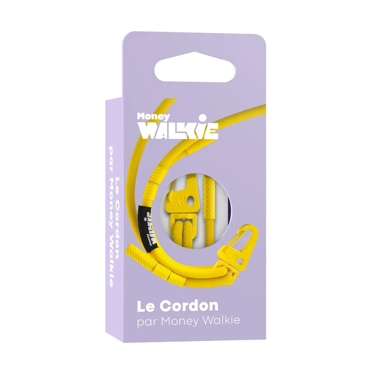 Gelbes Seil mit Schnallen und Clip auf violettem Karton, Money Walkie Logo.